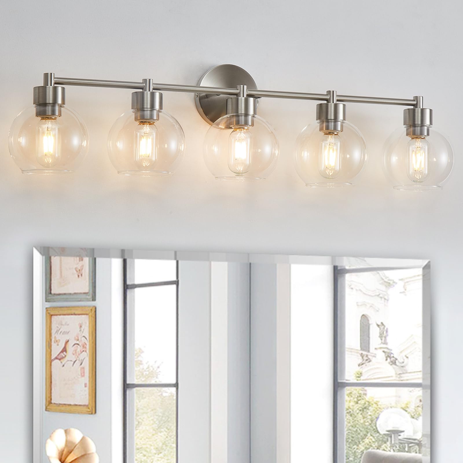 Matte Brushed Nickel 5-Light Vanity Light Fixture with Globe Glass Shade - Bathroom Mirror Lighting for Vanity, Stairs & Kitchen | Modern Home Decor Lighting Solution