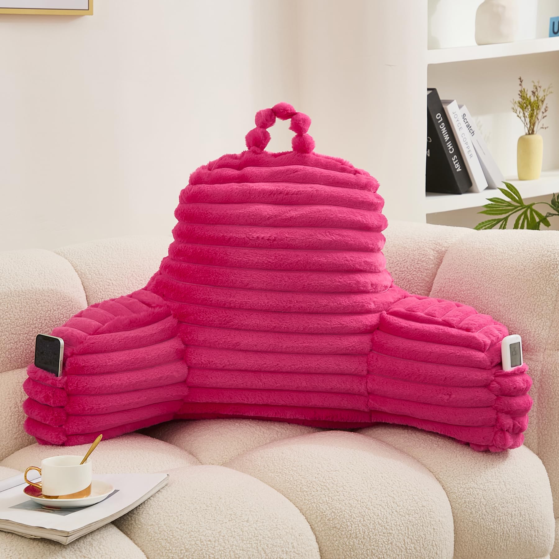 WERDIM Faux Fur Reading Pillow with Arms and Pockets - Comfortable Bed Rest Pillow for Sitting in Bed, Sofa or Floor (Standard Size, Hot Pink) - Perfect for Reading, Watching TV, Gaming and Relaxing