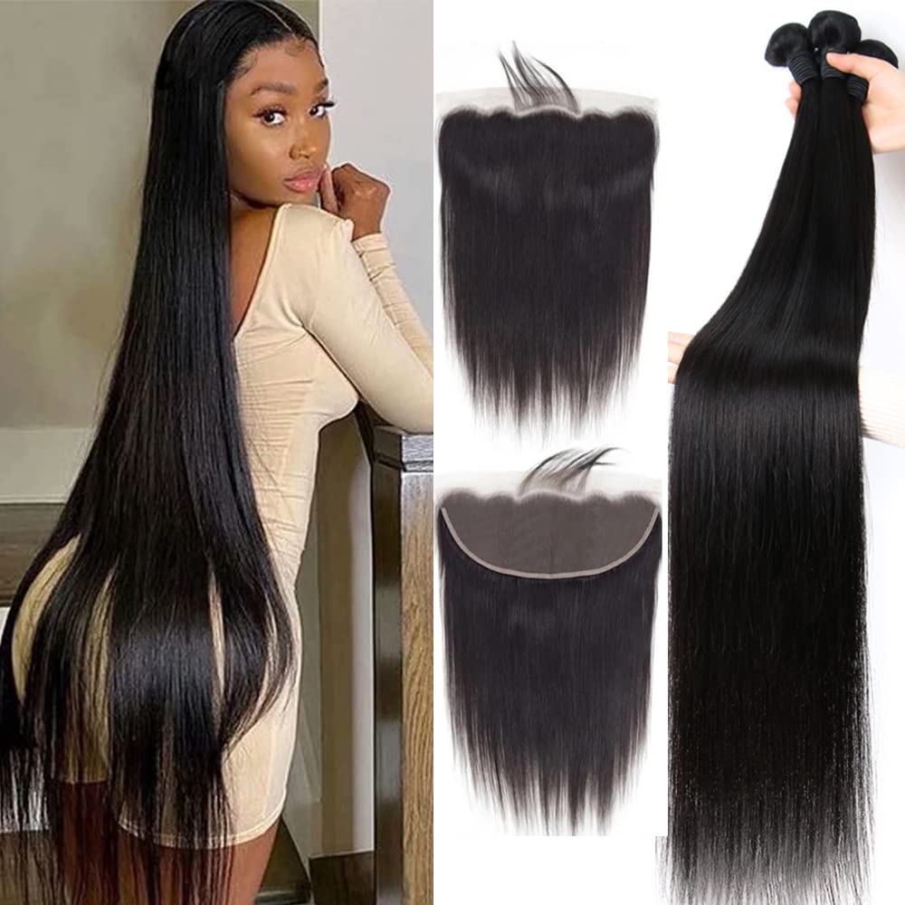 YISEA 100% Unprocessed Brazilian Virgin Human Hair Bundles with 13x4 Lace Frontal (14 16 18+14) - 3 Bundles Brazilian Straight Hair for Weave & Extensions - Perfect for Salon Styling, Everyday Wear & Special Occasions