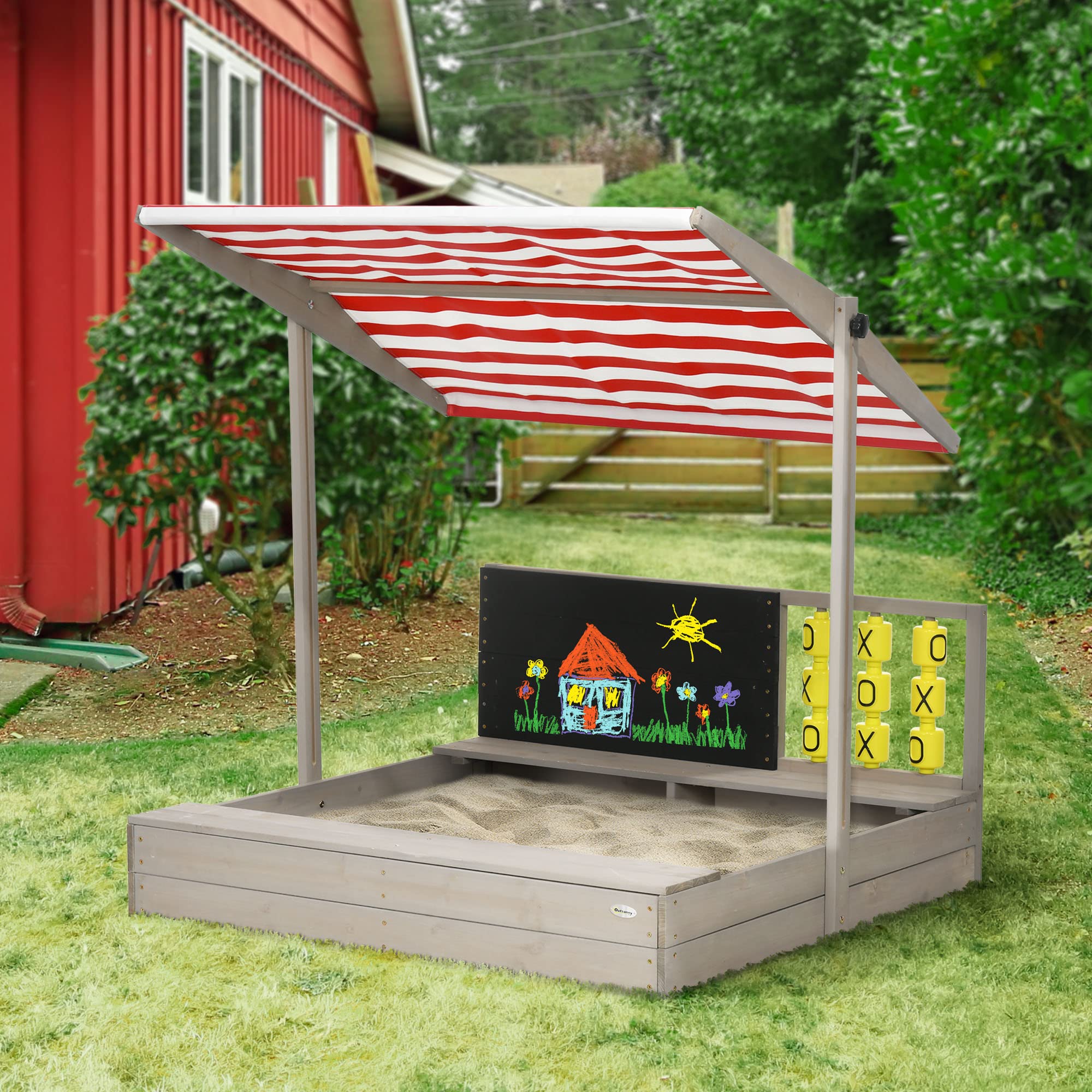 Outsunny Wooden Sandbox for Kids Ages 3-7 Years - Adjustable Non-Woven Fabric Roof, 2-Seat Bench, Chalkboard & Play Toys - 114x113x110cm Gray Sand Pit for Backyard, Garden & Outdoor Play Areas