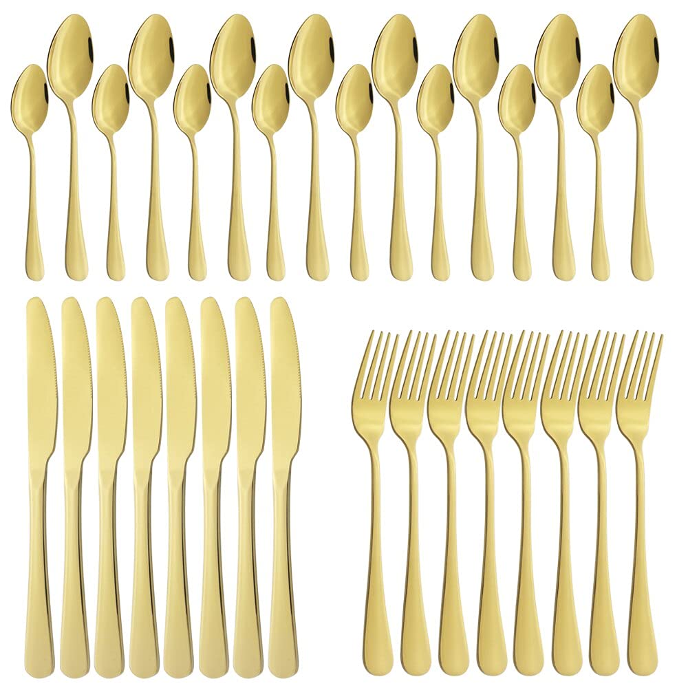 32-Piece Pink Gold Silverware Set - Stainless Steel Knife Fork Spoon Teaspoon Cutlery Flatware for Dining, Kitchen & Tableware - Elegant Gold Finish for Weddings, Parties & Everyday Use - BY ZZYY