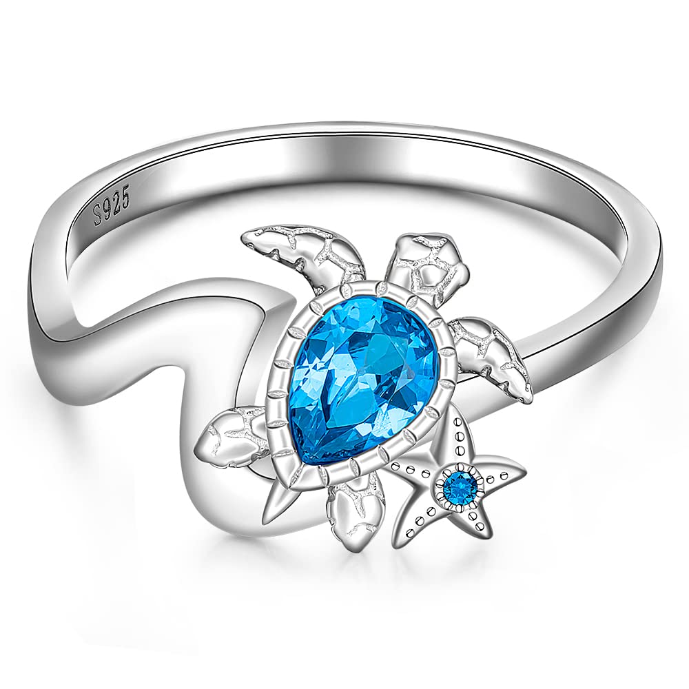 Wave Sea Turtle Ring Sterling Silver with Sapphire & Blue Zircon - Ocean Themed Jewelry for Women (Sizes 6-10) | Perfect Gift for Sister, Friend & Mom | Beach Wedding, Anniversary & Boho Fashion Accessory