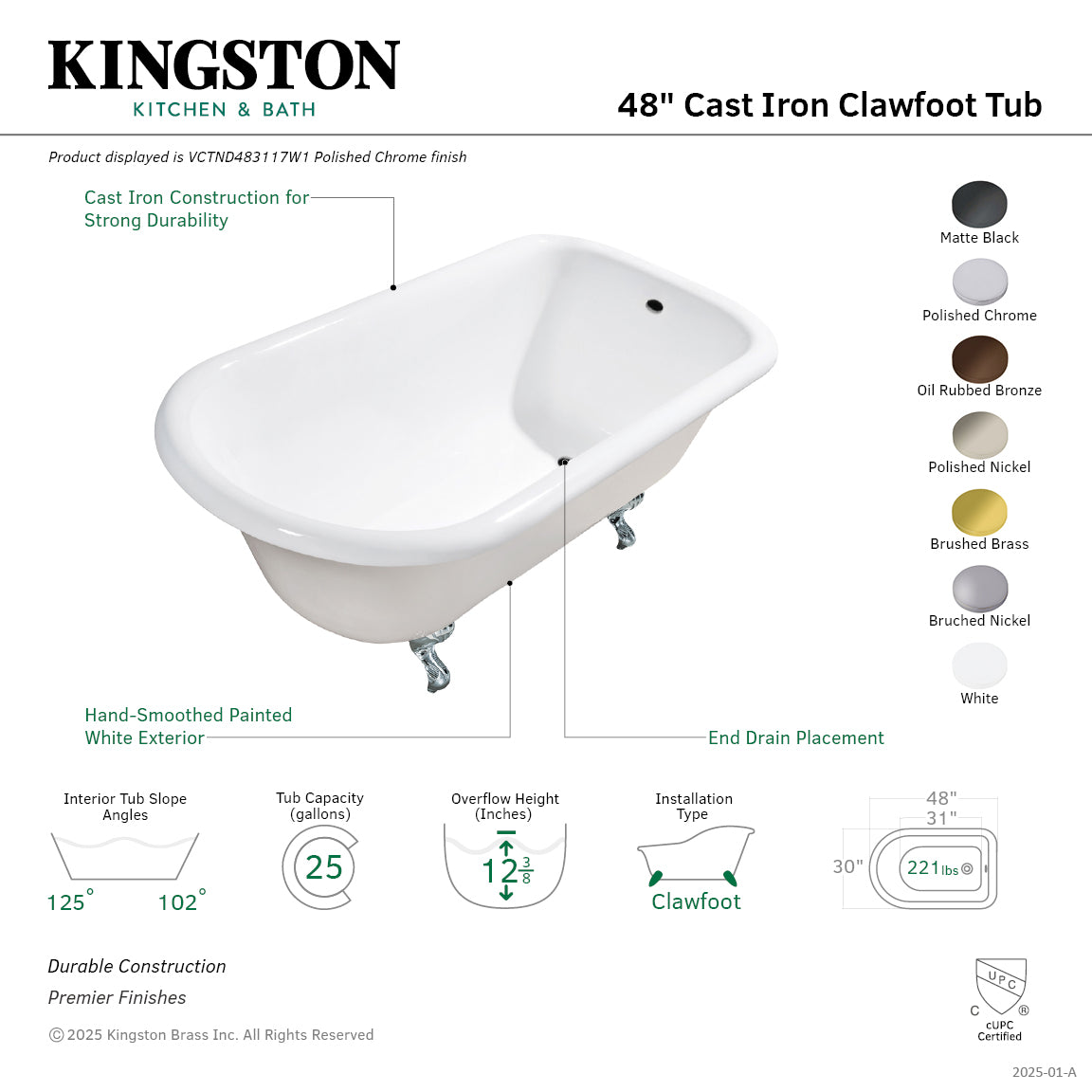 48 Inch White Cast Iron Clawfoot Bathtub - Aqua Eden VCTND483117WH Roll Top Flat Rim Freestanding Tub (No Faucet Drillings) for Vintage Bathroom & Spa Relaxation