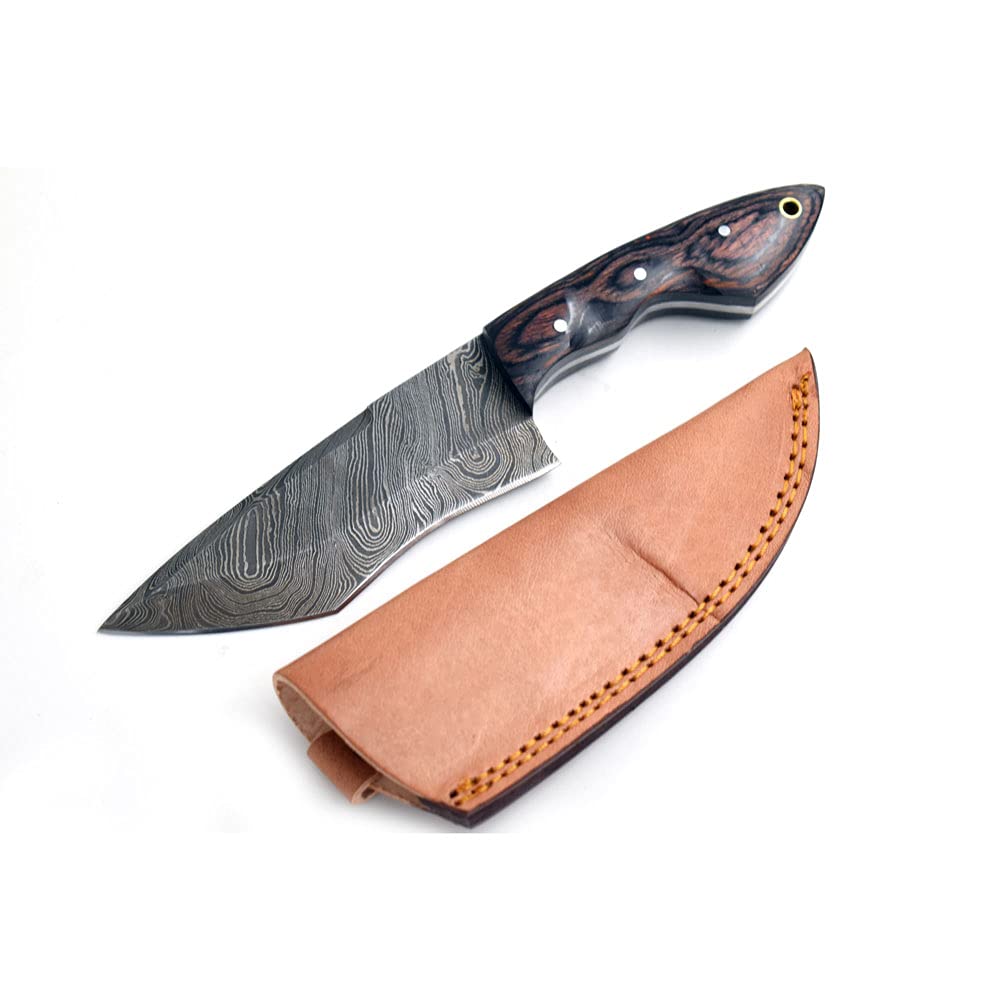 Premium Wild Turkey Damascus Steel Hunting & Chef Knife - Full Tang Handcrafted Blade with Leather Sheath - Ideal for Outdoor Camping, Cooking & Survival Adventures