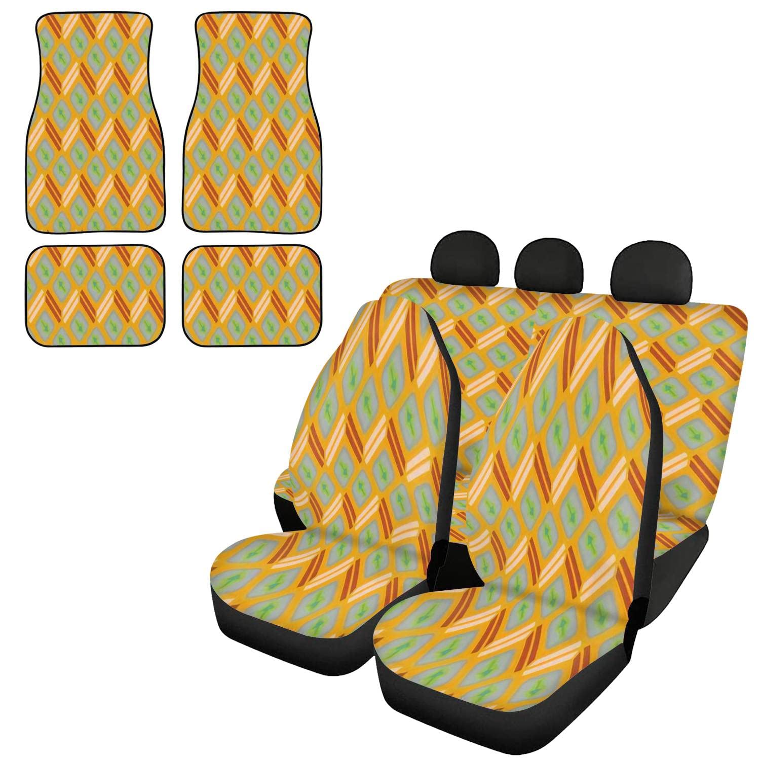 Universal 4-Piece Car Seat Covers Set with Abstract Arrow Design - Includes Front & Rear Seat Protectors, Headrest Covers & Floor Mats | Durable Auto Interior Decor for SUVs, Sedans & Trucks