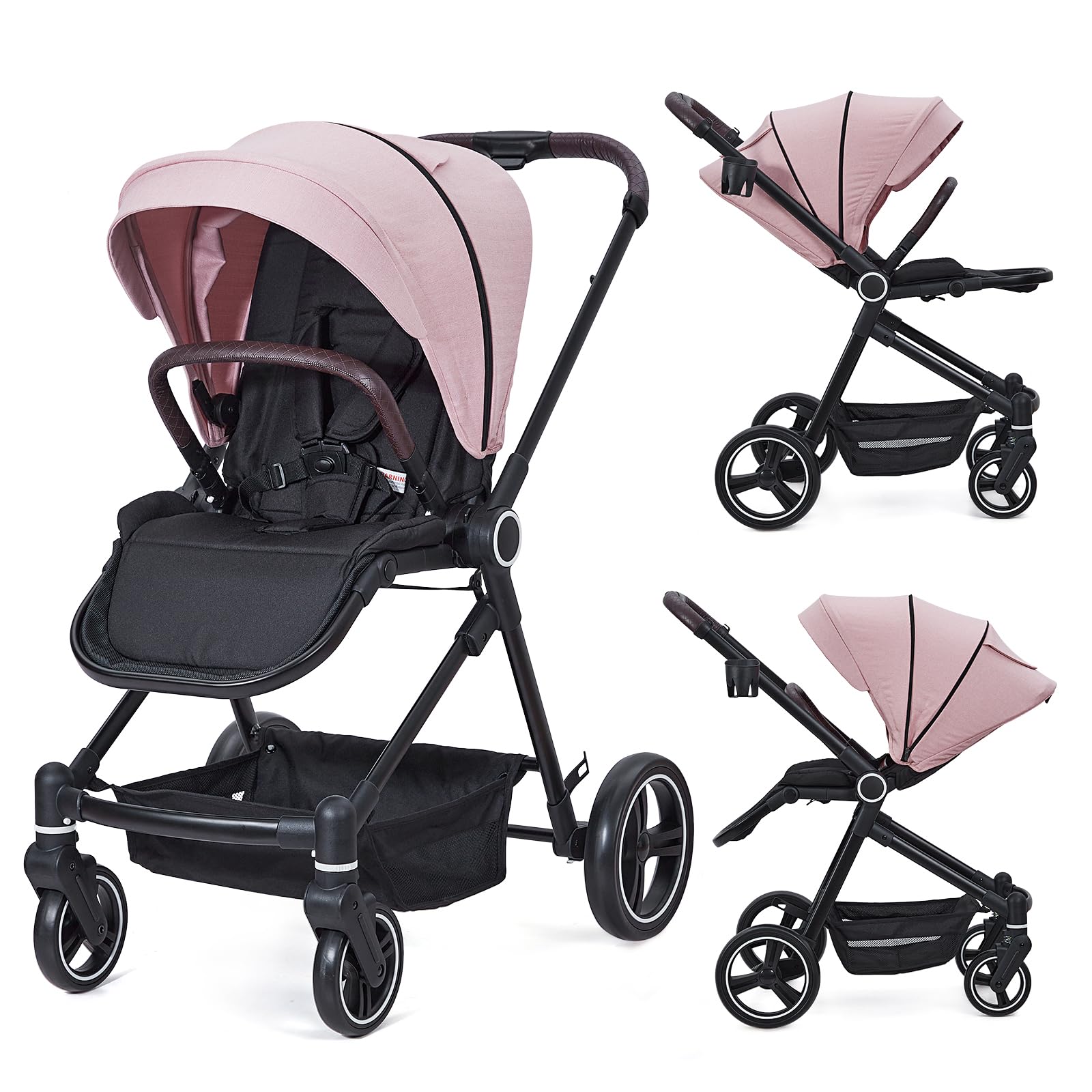 Foldable Pink Baby Stroller - Lightweight Travel Stroller for Newborn to Toddler, Convertible Infant Pram with Reversible Seat, Adjustable Canopy & Footrest, Large Storage Basket & Cup Holder | Perfect for Shopping, Travel, Walks in Park & Daily Use with Baby Girls & Boys