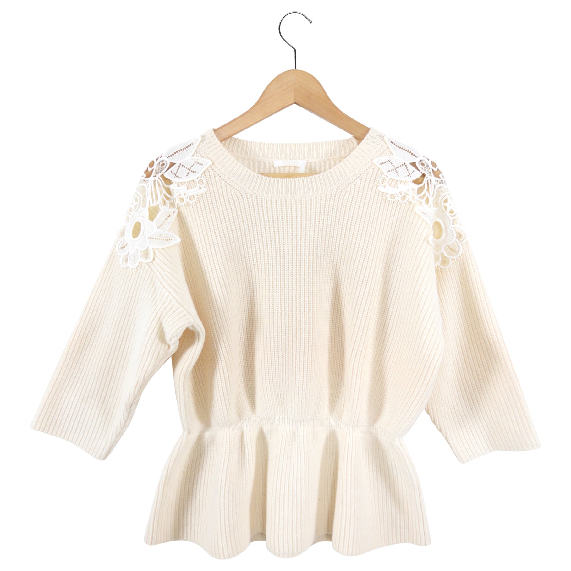 Chloe Cream Knit Lace Trim Peplum Sweater for Women - Elegant Lace Detail Pullover Top for Fall & Winter - Perfect for Office, Date Night and Holiday Parties