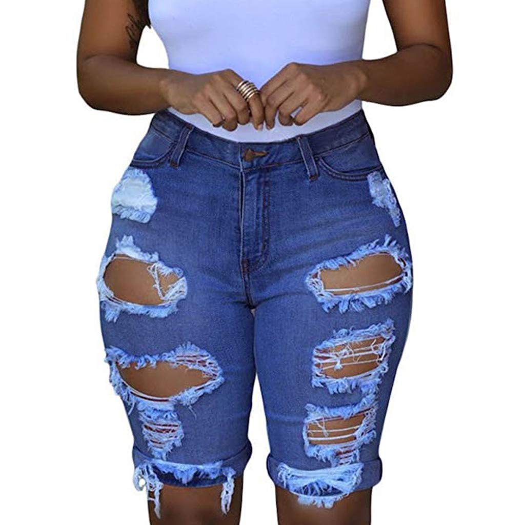 PLENTOP Women's Ripped Denim Bermuda Shorts - Mid Rise Stretchy Destroyed Jeans for Casual Wear, Summer Outfits & Street Style Fashion