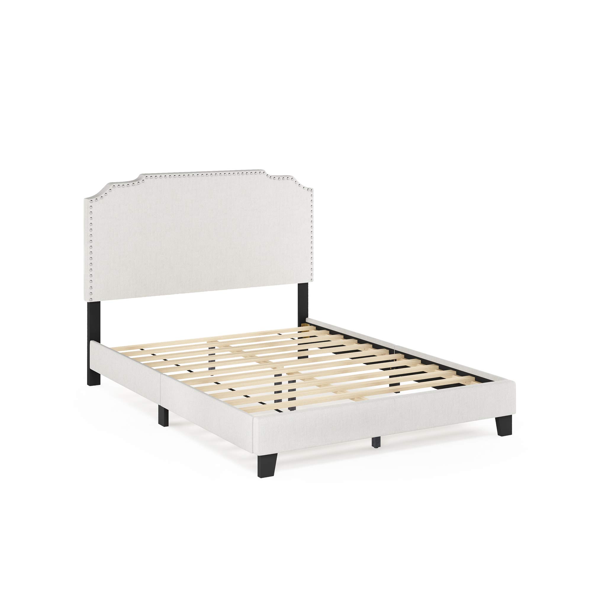 Furinno Nadia Nailhead Trim Full Size Bed Frame in Gray - Modern Upholstered Platform Bed with Wooden Slats Support - Perfect for Guest Rooms, Dormitories & Small Bedrooms