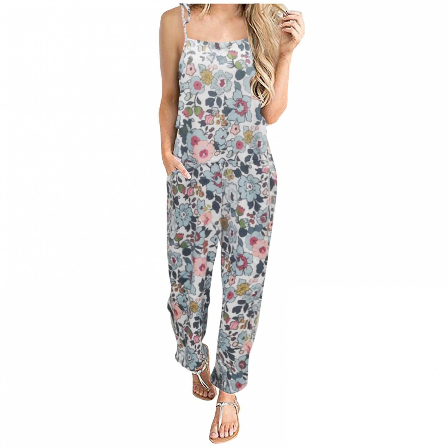 Women's Casual Vintage Jumpsuit - Baggy Cotton Linen Romper with Straps, Pockets & Floral Print | Sleeveless Overalls for Summer, Outdoor Activities & Boho Fashion