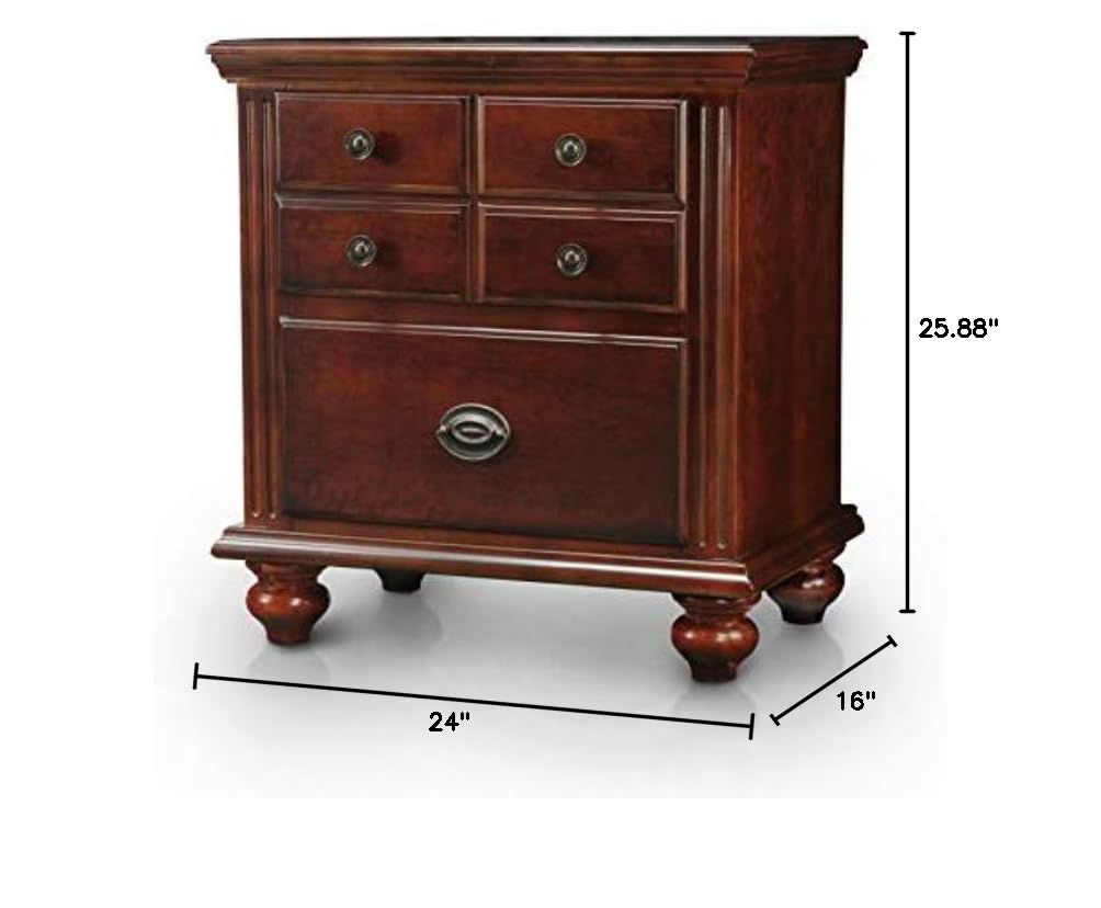 Cherry Wood 2-Drawer Nightstand - Brown Colonial Traditional Transitional Style with Metal Veneer & Felt Lined Top Drawer - Includes Hardware - Perfect for Bedroom, Guest Room or Nursery Storage