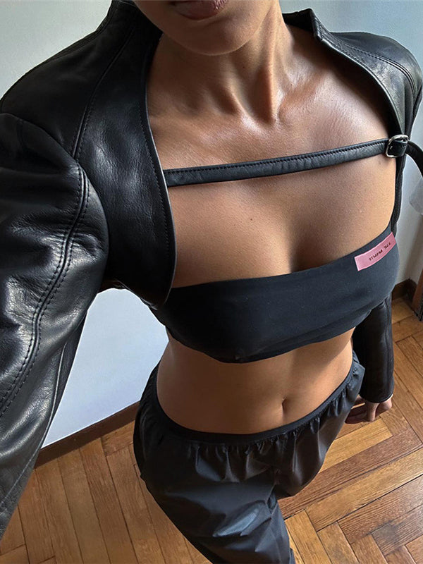 ZASUWA Women's Sexy Glossy PU Faux Leather Crop Top & Long Sleeve Set - Clubwear, Night Out, Party Outfit, Fashion Streetwear