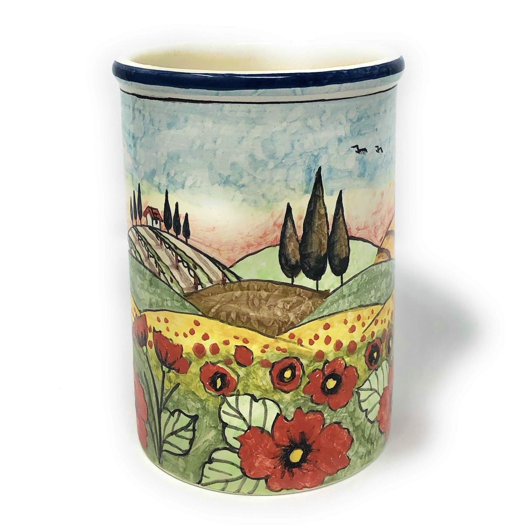 Italian Ceramic Utensil Holder - Hand Painted Tuscan Landscape with Poppies - Art Pottery Made in Italy | Perfect for Kitchen Organization & Rustic Home Decor
