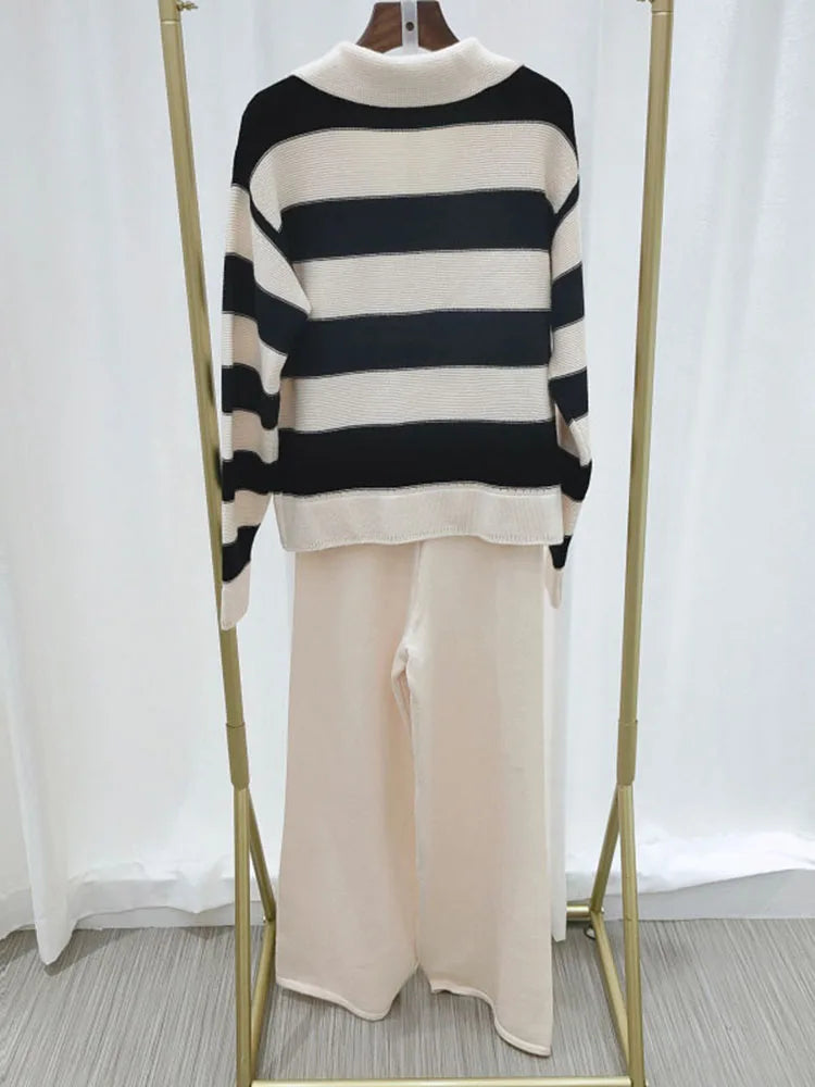 Big Size Loose Knit 2 Piece Set - Lapel Striped Long Sleeve Sweater & High Waist Pant Suit for Women | 2023 Autumn Winter Fashion | Plus Size Outfit for Work, Office & Casual Wear