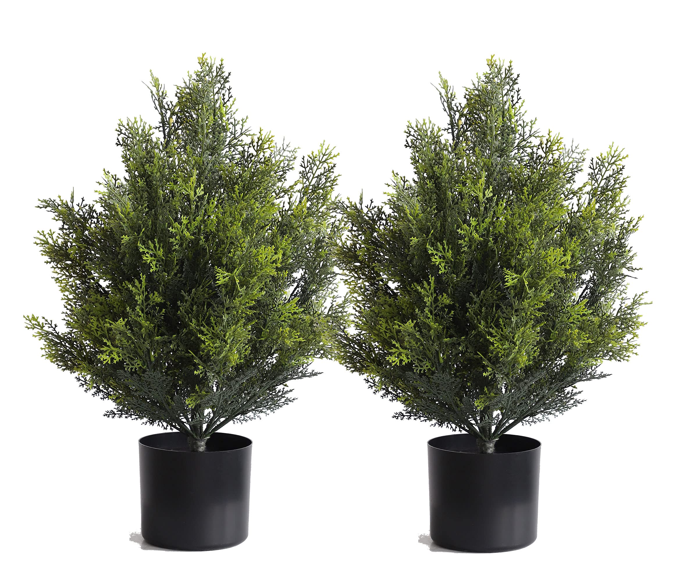 Artificial Cedar Bush - 2 Pack Faux Shrub Topiary with Black Plastic Pot, 24 Inch Fake Cypress Trees for Indoor & Outdoor Decor | Perfect for Patio, Porch, Office & Home Greenery