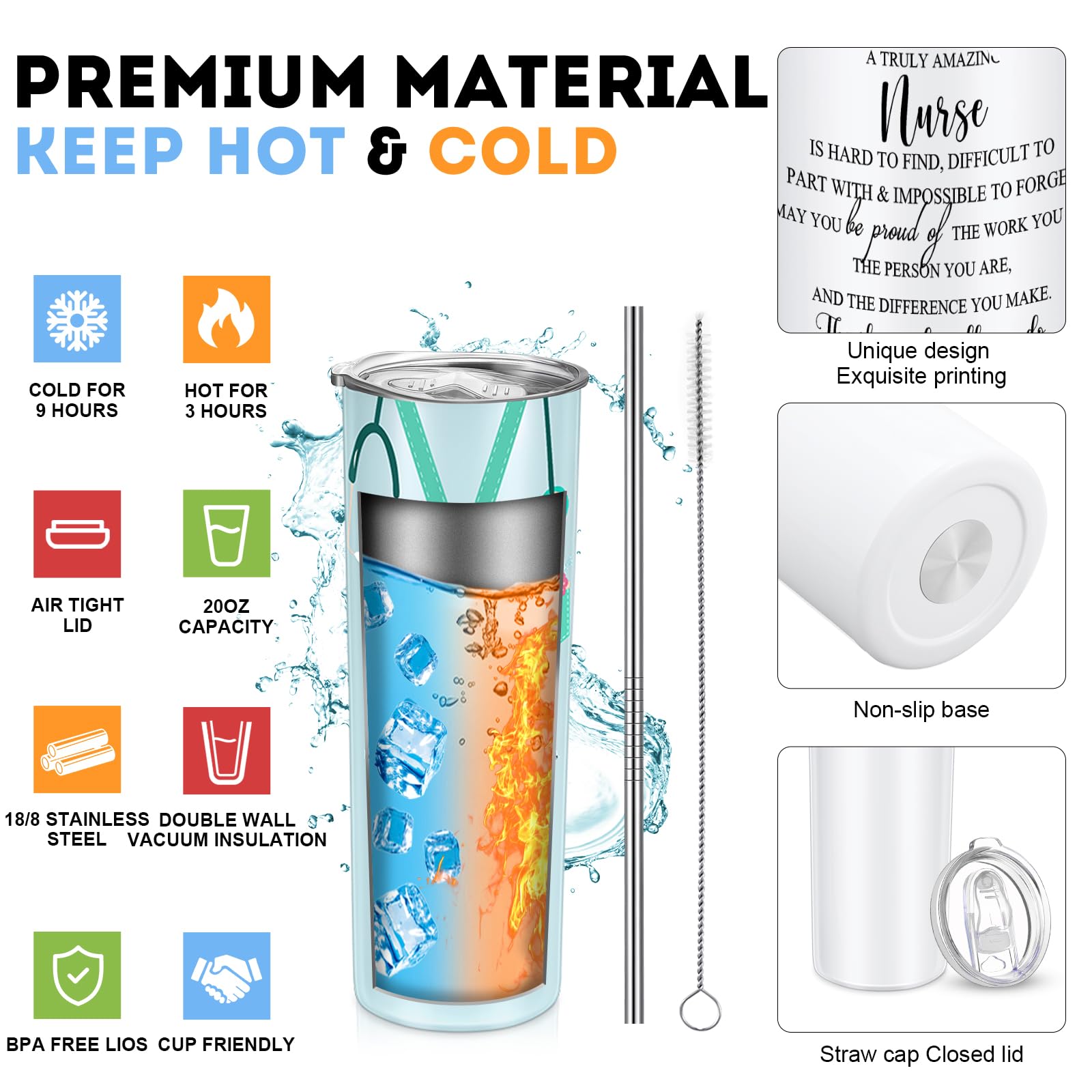 Sabary 24-Piece Nurse Appreciation Gift Set - 20oz Stainless Steel Tumblers with Straws, Stethoscope & Sign - Perfect for CNA Gifts, Nurses Week, Nursing Students & Medical Professionals - Great for Hospitals, Clinics & Christmas Celebrations (Multicolor)
