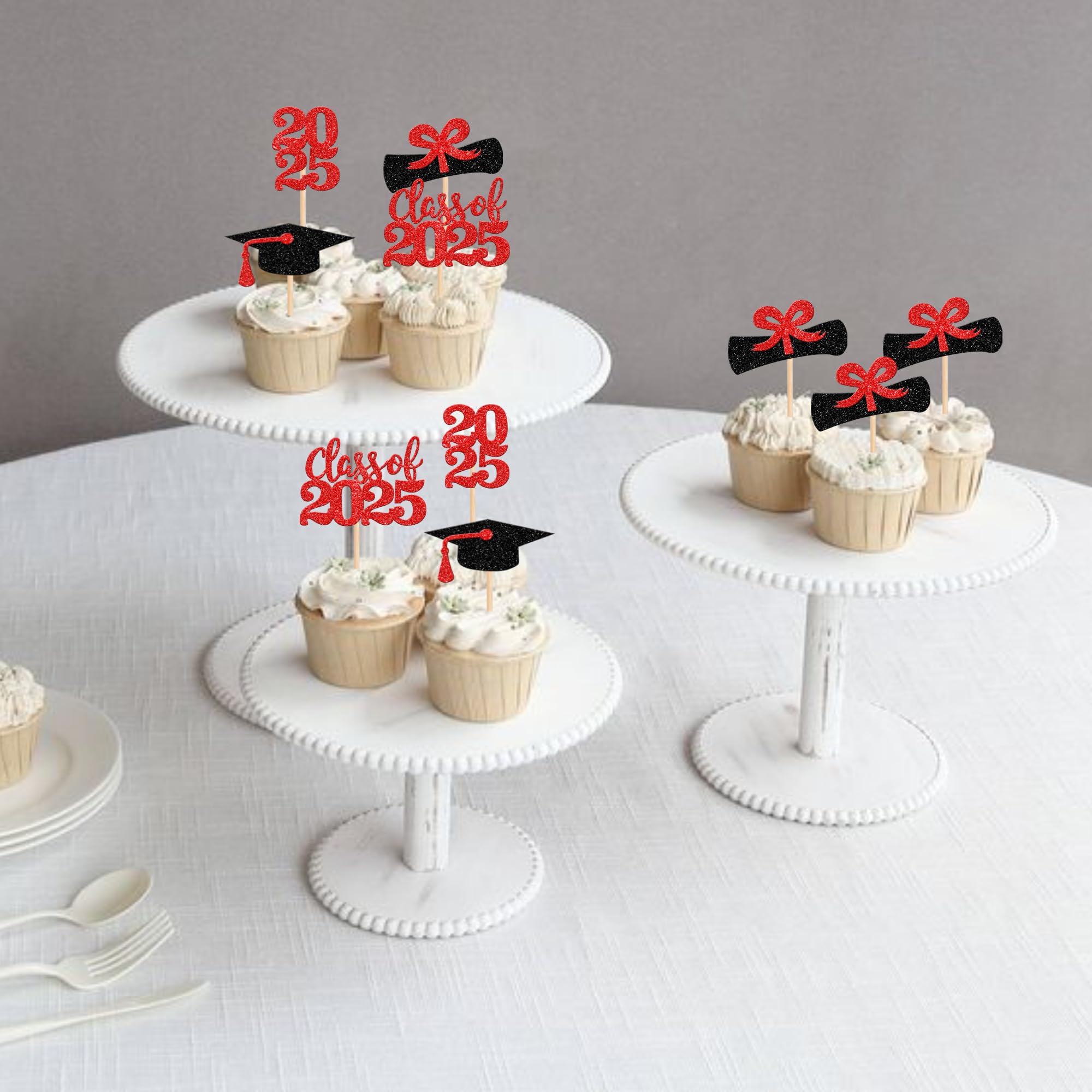36 PCS 2025 Graduation Cupcake Toppers - Glitter Class of 2025 Caps & Diplomas Cake Decorations for Graduation Party Supplies (Red) - Perfect for Graduation Cakes, Cupcakes, and Dessert Tables