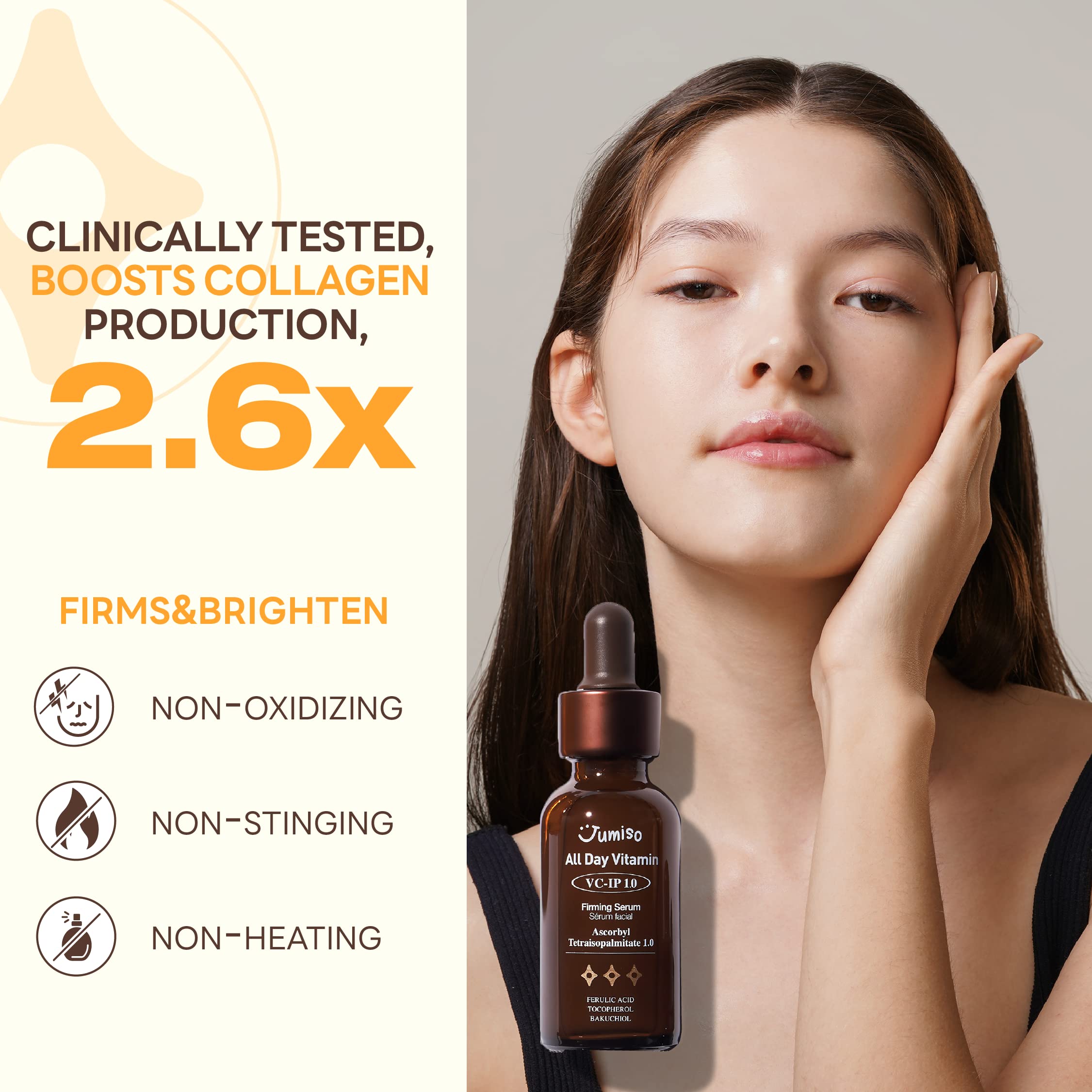 JUMISO All Day VC-IP 1.0 Firming Serum 30ml - Vitamin C Brightening Face Serum with Collagen Boost, Aronia Extract & Bakuchiol for Fine Lines & Wrinkles - Hydrating Anti-Aging Skincare for Day & Night Use