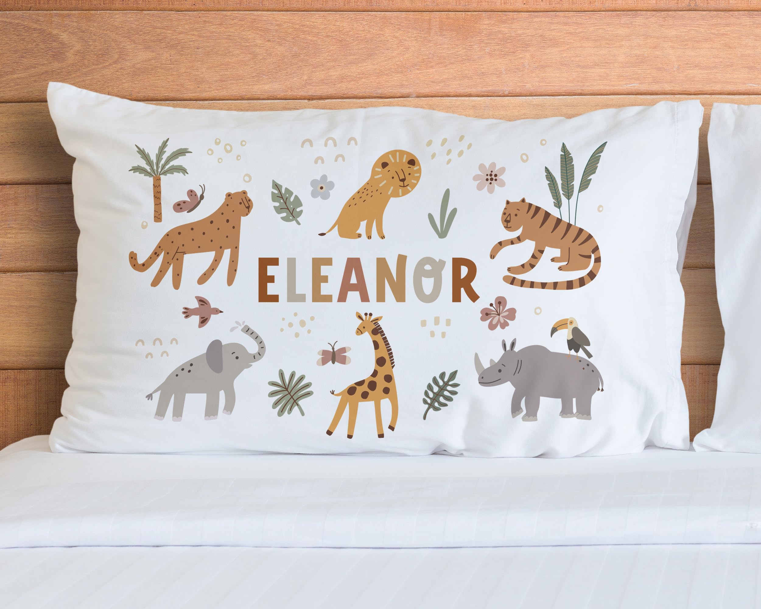 Personalized Safari Animals Pillowcase - Kids' Name Jungle Decor for Nursery & Bedroom