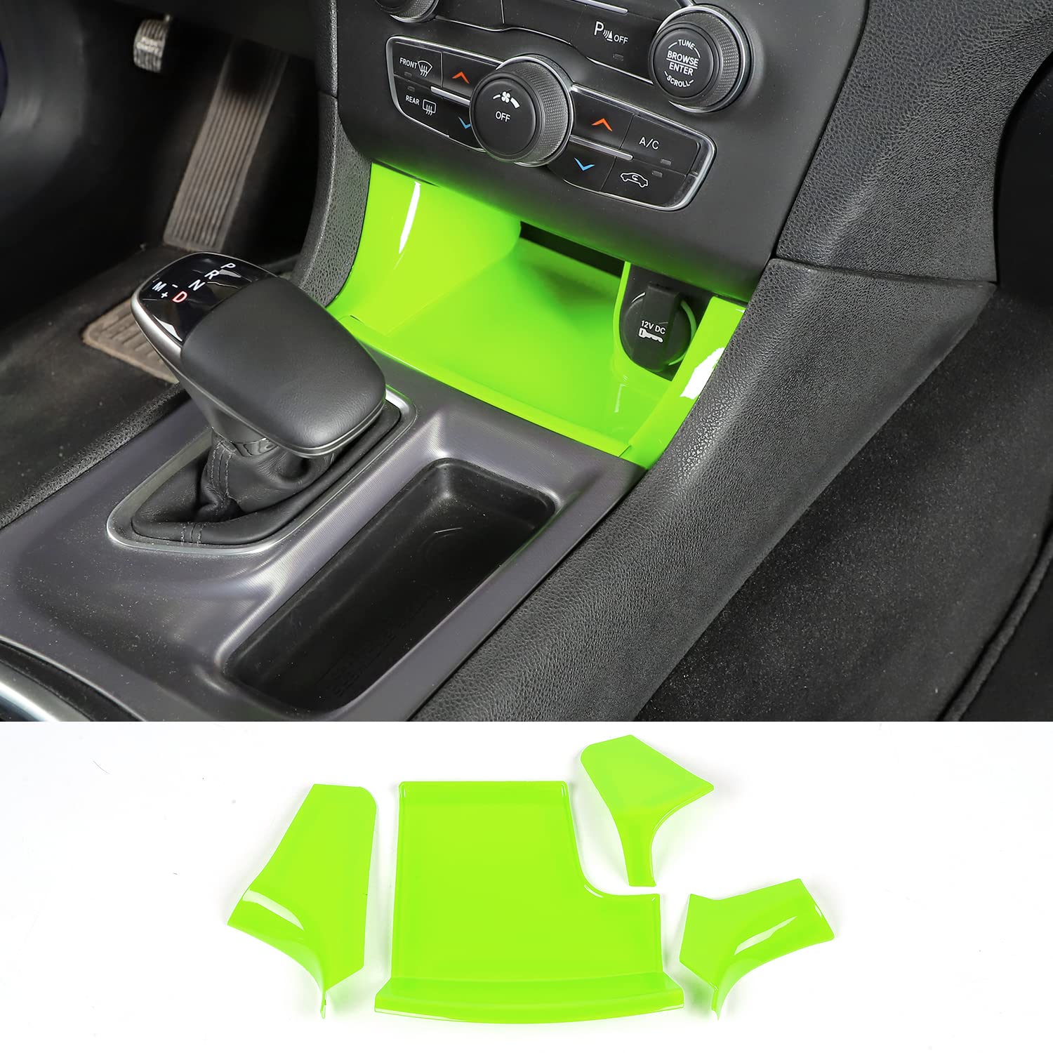 2011-2019 Dodge Charger Center Console Gear Shift Storage Trim Panel - ABS Green 4-Piece Set - Organize Small Items & Enhance Interior Style - Perfect for Car Accessories, Road Trips & Daily Commute