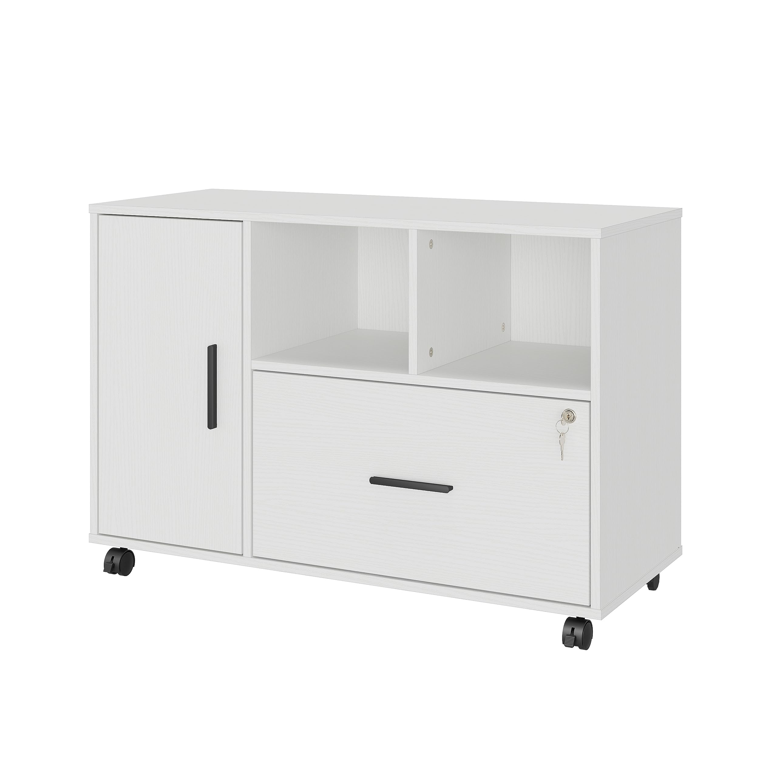 Wooden File Cabinet with Lock - 1-Drawer Mobile Office Lateral Filing Cabinet on Wheels, Wooden Printer Stand with Open Storage Shelf for Letter/Legal/A4 Files (White) - Perfect for Home Office, Small Business, and Classroom Organization