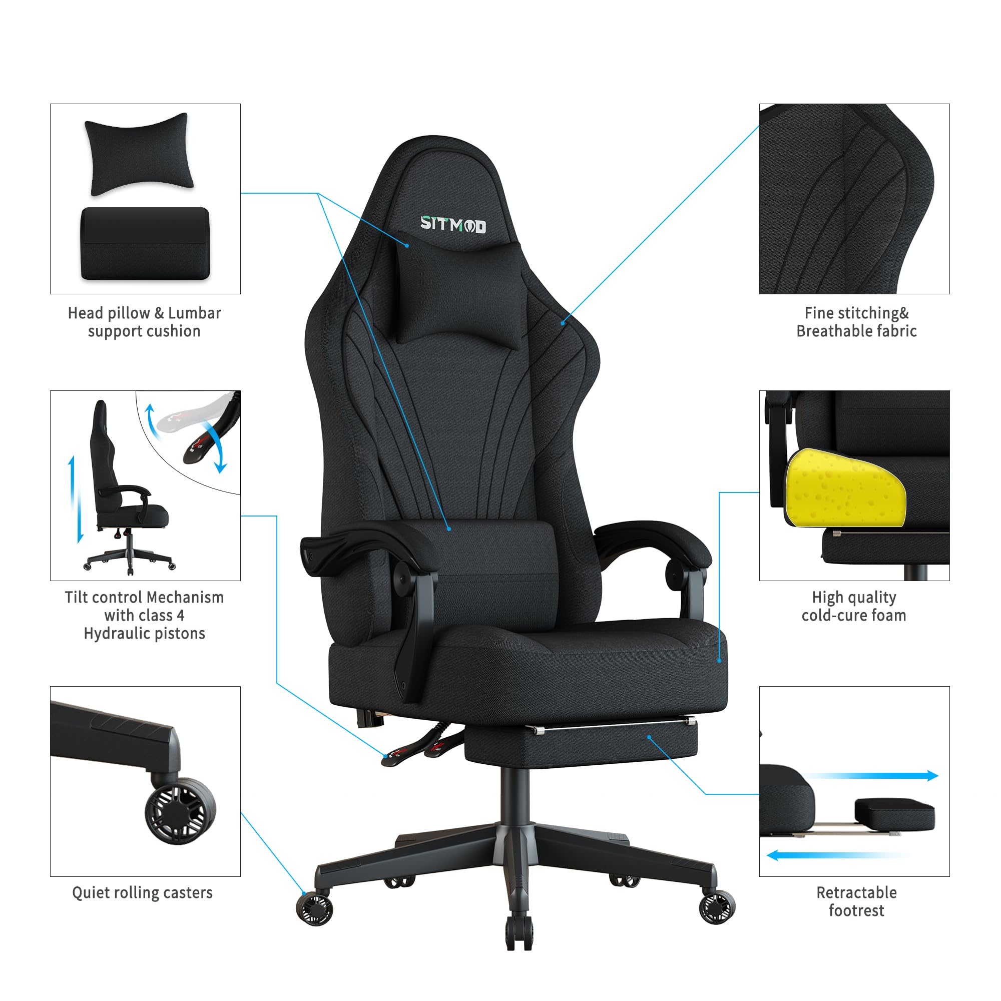 SITMOD Ergonomic Gaming Chair with Footrest & Lumbar Support - Adjustable Height 360° Swivel Office Computer Chair for Big & Tall Adults - Perfect for Home Gaming Setup, Workstation & Office Use (Black)