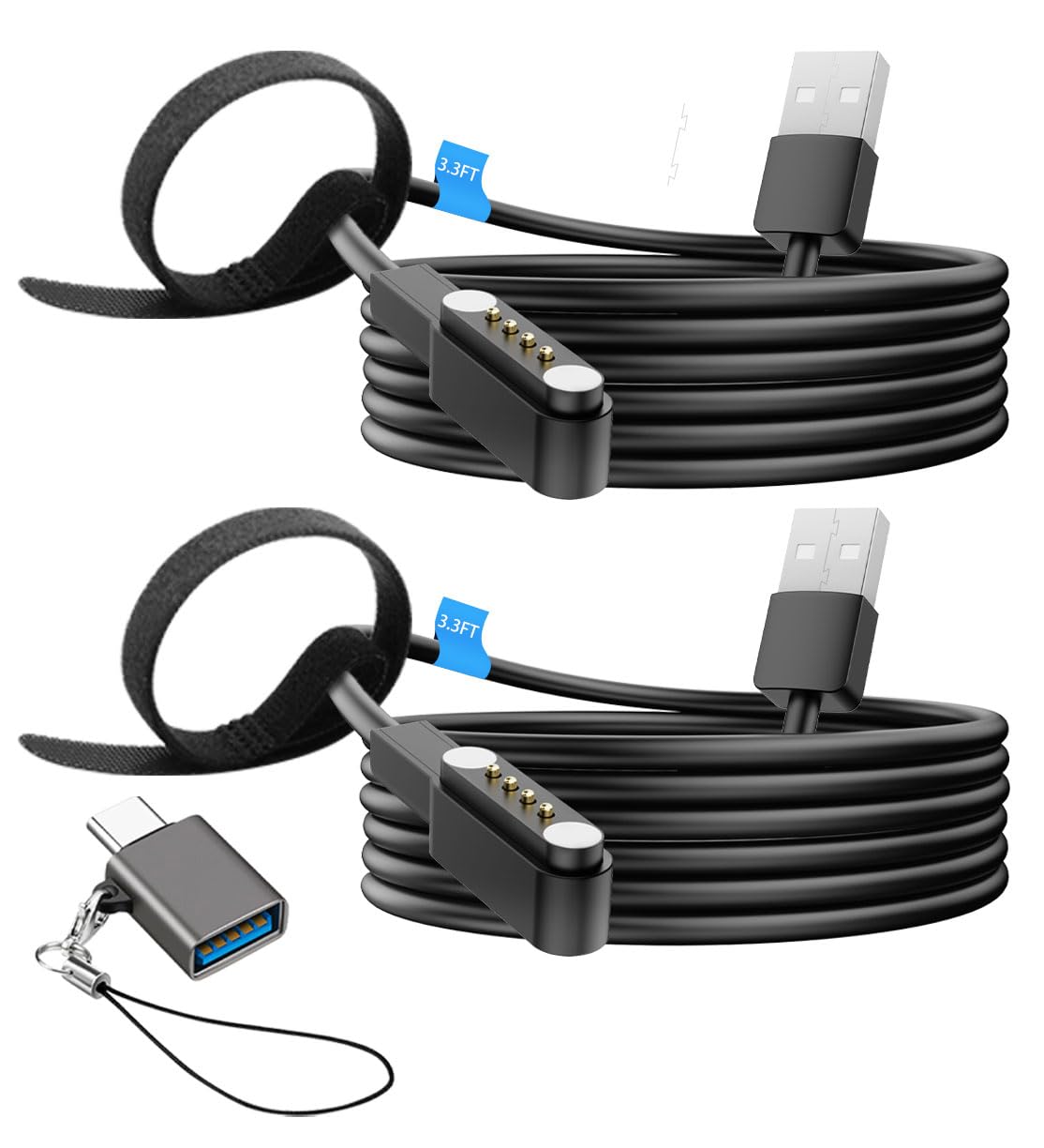 2 Pack Magnetic USB Charging Cable for PLAUD Note Voice Recorder - 3.3FT 4-Pin Replacement Charger Cord with USB-C Adapter & Reusable Cable Ties | Perfect for Home, Office, and Travel Use