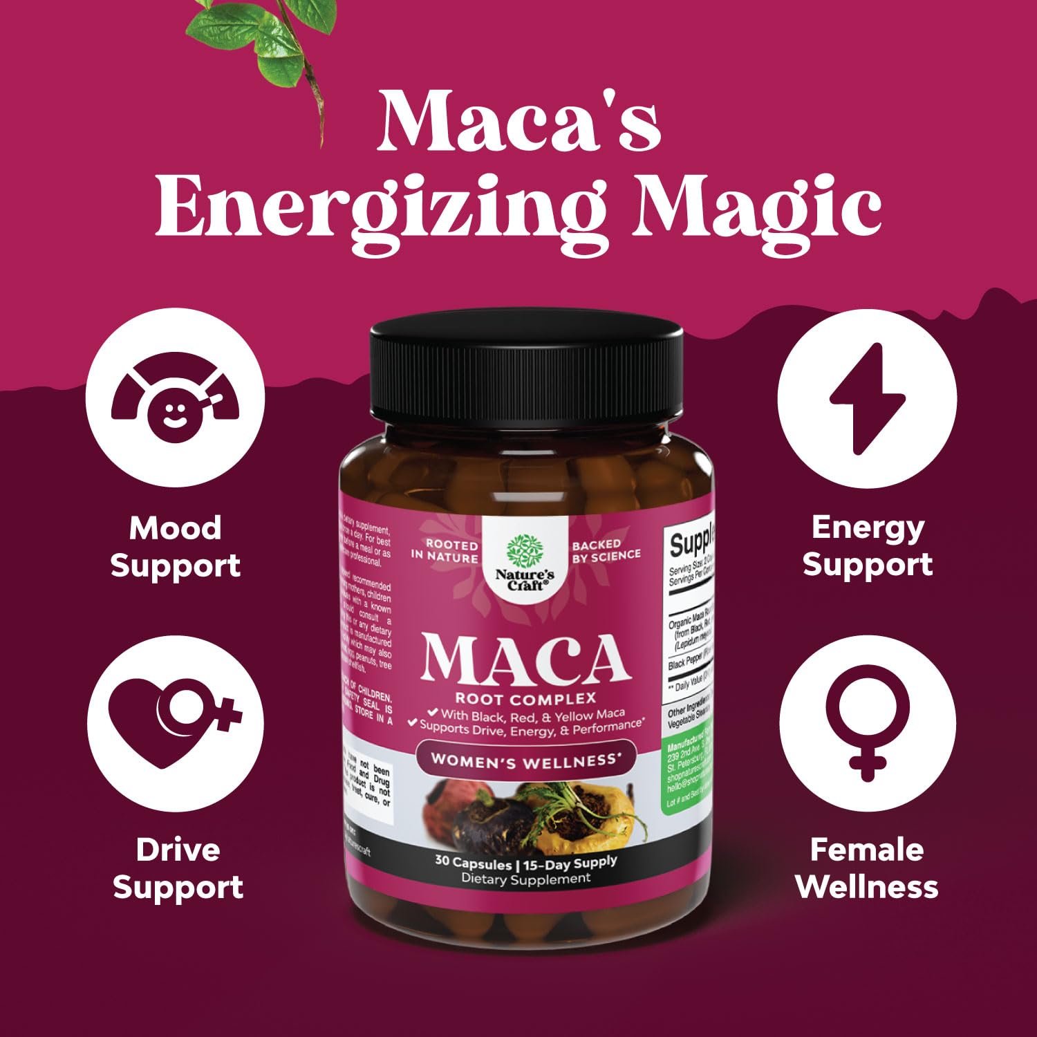 Organic Maca Root Capsules for Women - Natural Energy & Hormone Balance Supplement with Red, Yellow & Black Maca Blend - Non-GMO, Vegan, Gluten-Free - 30 Count - Perfect for Daily Wellness & Menopause Support
