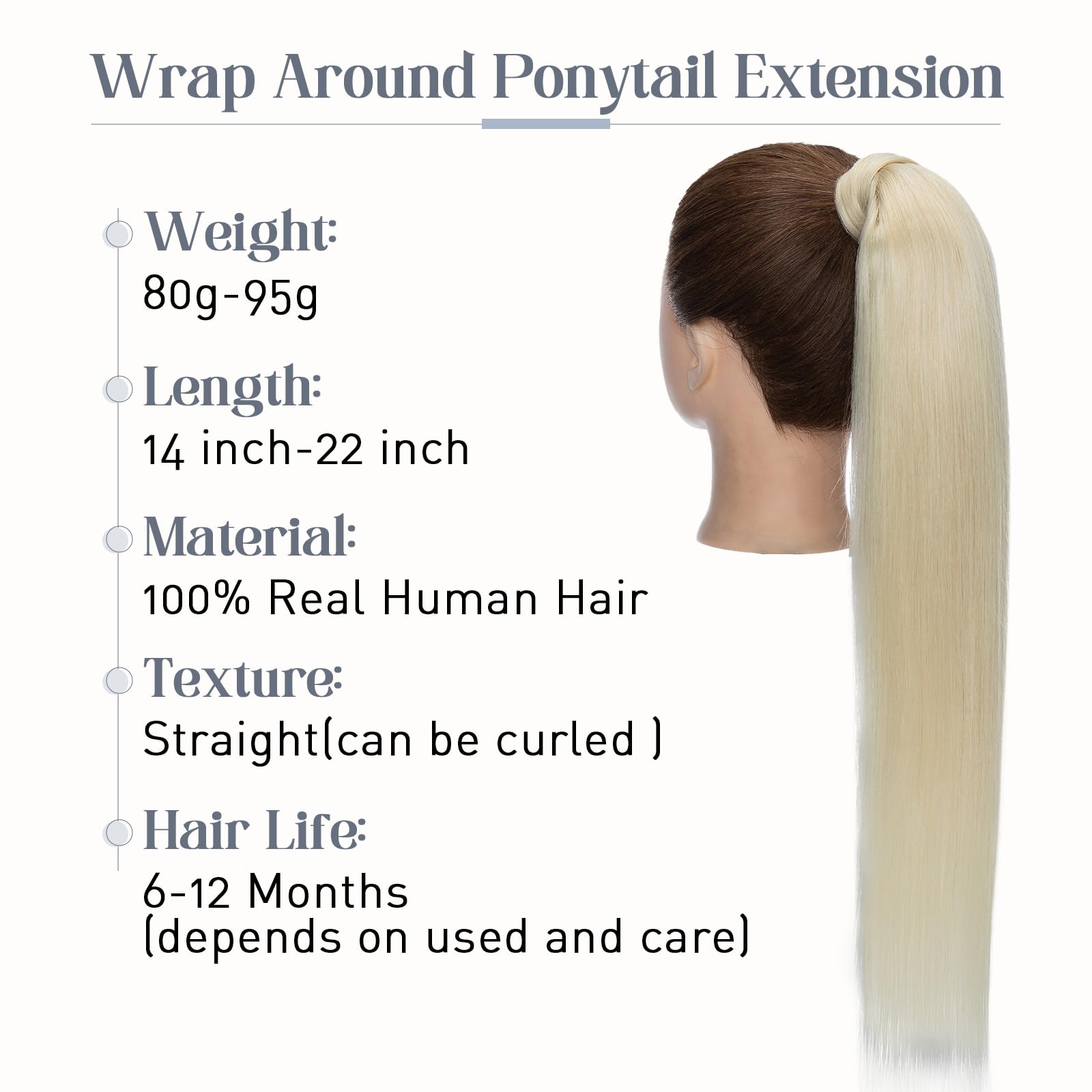 Premium 22 Inch Human Hair Ponytail Extensions - 95g Real Hair Clip-In Ponytail Wrap (Color #60 Platinum Blonde) for Women | Long Straight Hair Extensions for Daily Wear, Parties & Special Occasions