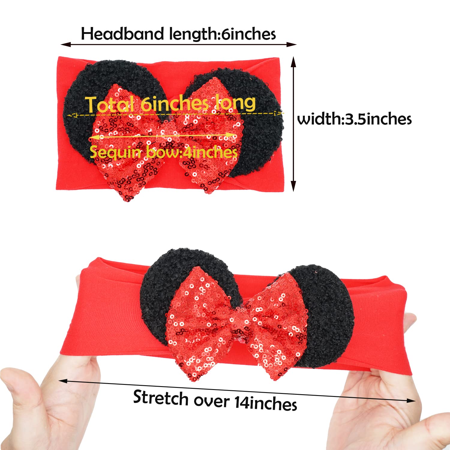 Sparkly Sequin Mouse Ears Headbands - 9 Pack Large 6 Inch Glitter Hair Bows for Baby Girls & Toddlers | Soft Nylon Hair Accessories for Newborns, Infants & Kids | Perfect for Disney Trips, Birthday Parties & Photo Shoots