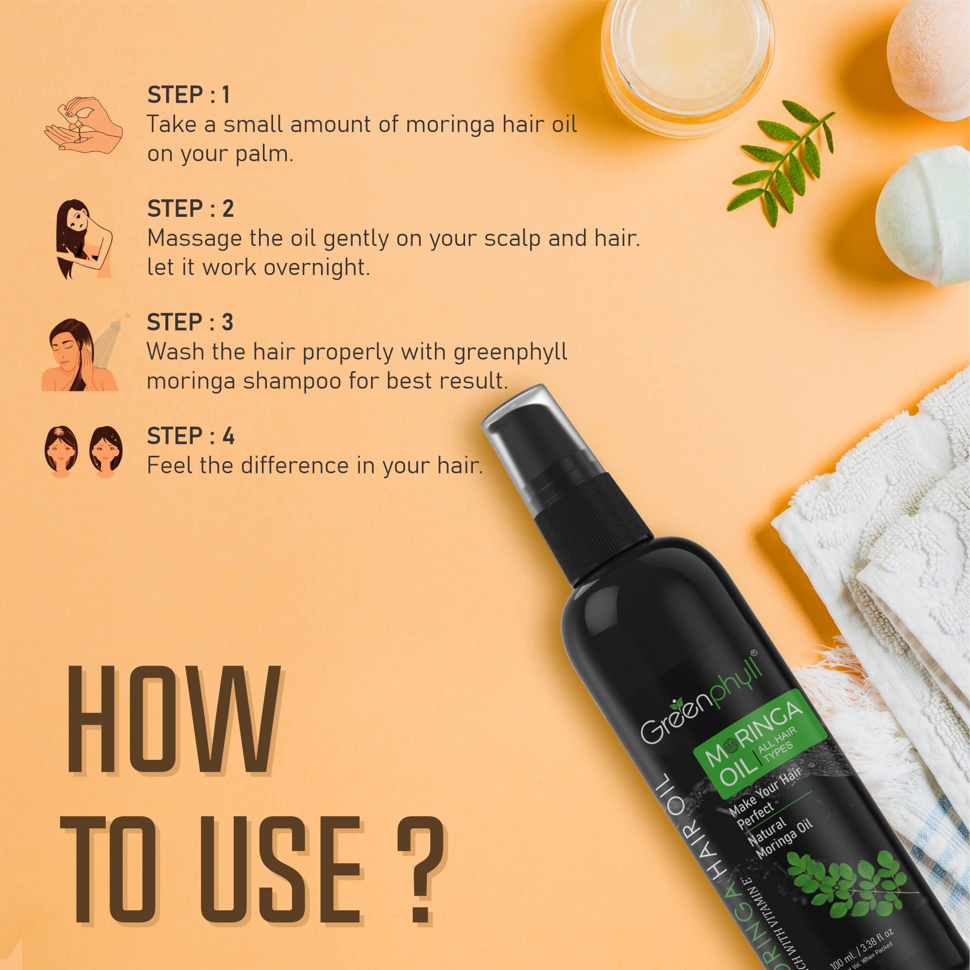 Organic Greenphyll Moringa Hair Oil with Natural Moringa Extract - Promotes Hair Growth & Reduces Hair Fall (100ml) - Perfect for Dry, Damaged Hair & Scalp Nourishment