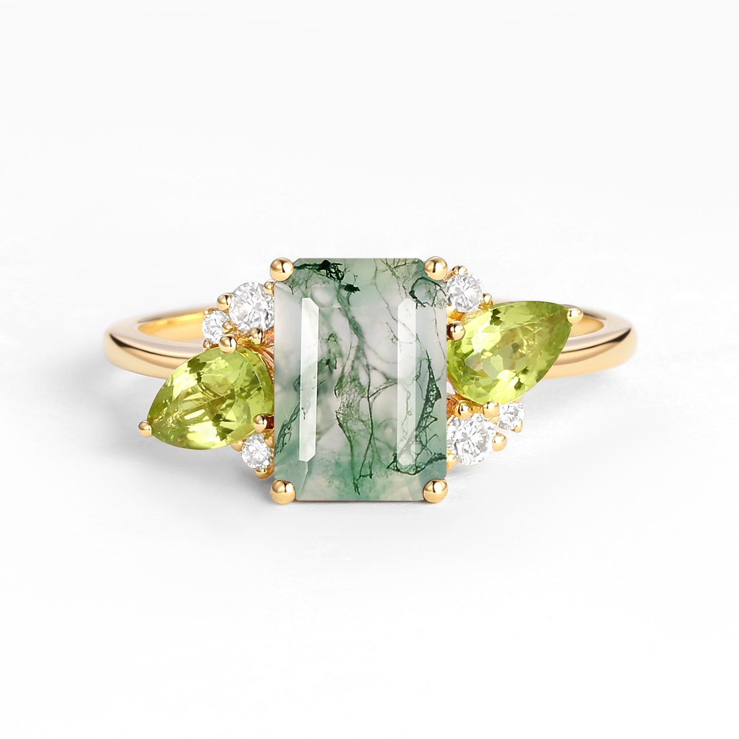 Emerald Cut Moss Agate Double Pear Peridot Engagement Ring for Women - Vintage Style Wedding Band, Promise Ring, Anniversary Gift for Her - Perfect for Proposals, Bridal Jewelry & Special Occasions
