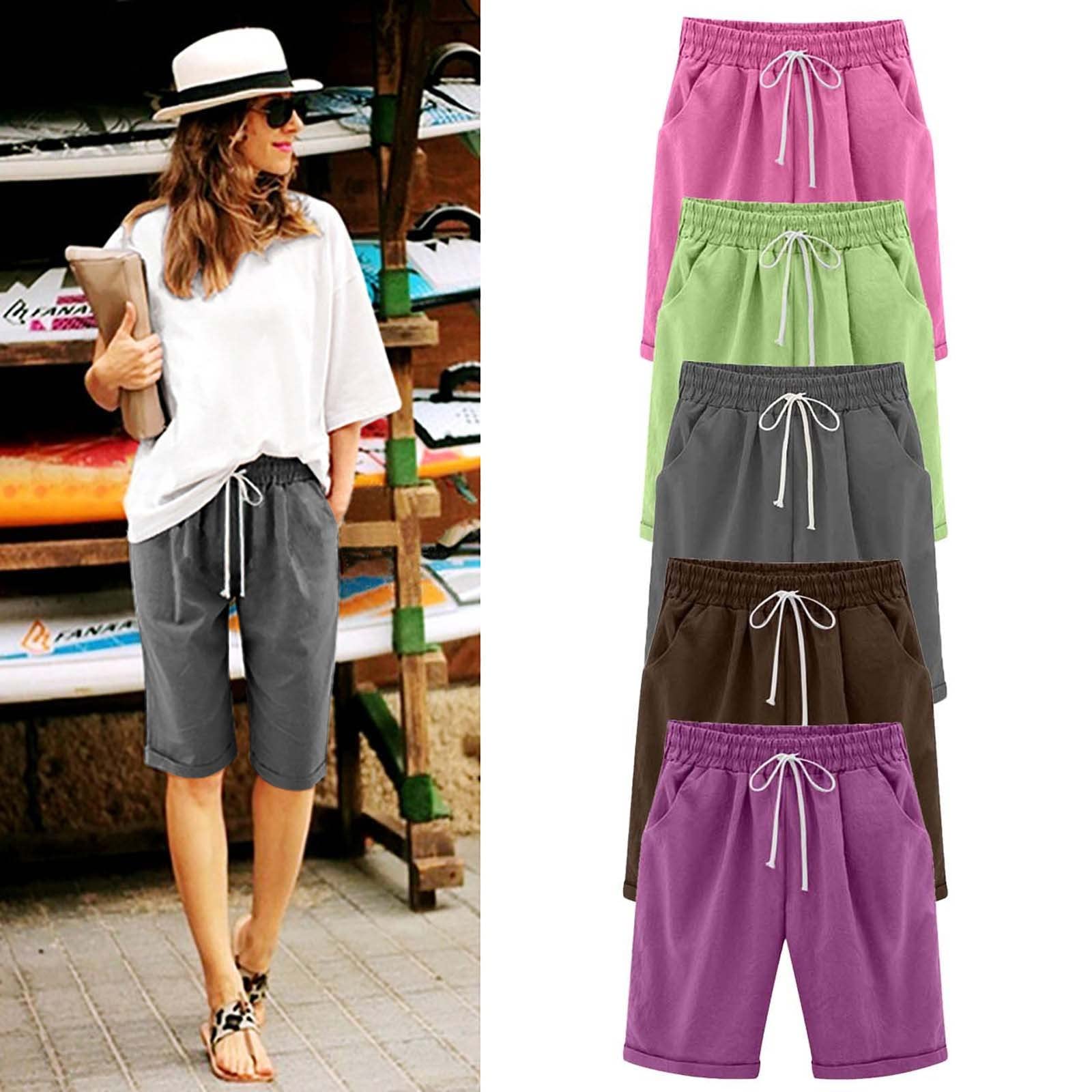 Plus Size Women's Bermuda Shorts - Soft Cotton Linen, Elastic Waist for Summer Comfort