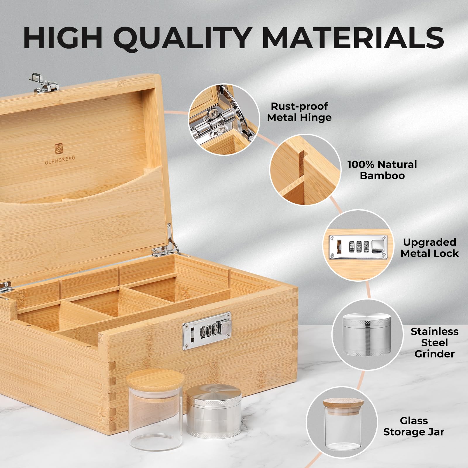 Premium Smell Proof Bamboo Stash Box with Lock - Large Rolling Tray Storage Set Includes Glass Jars & Herb Grinder - Perfect for Aromatherapy, Essential Oils & Herbal Storage - Great Gift for Men & Women