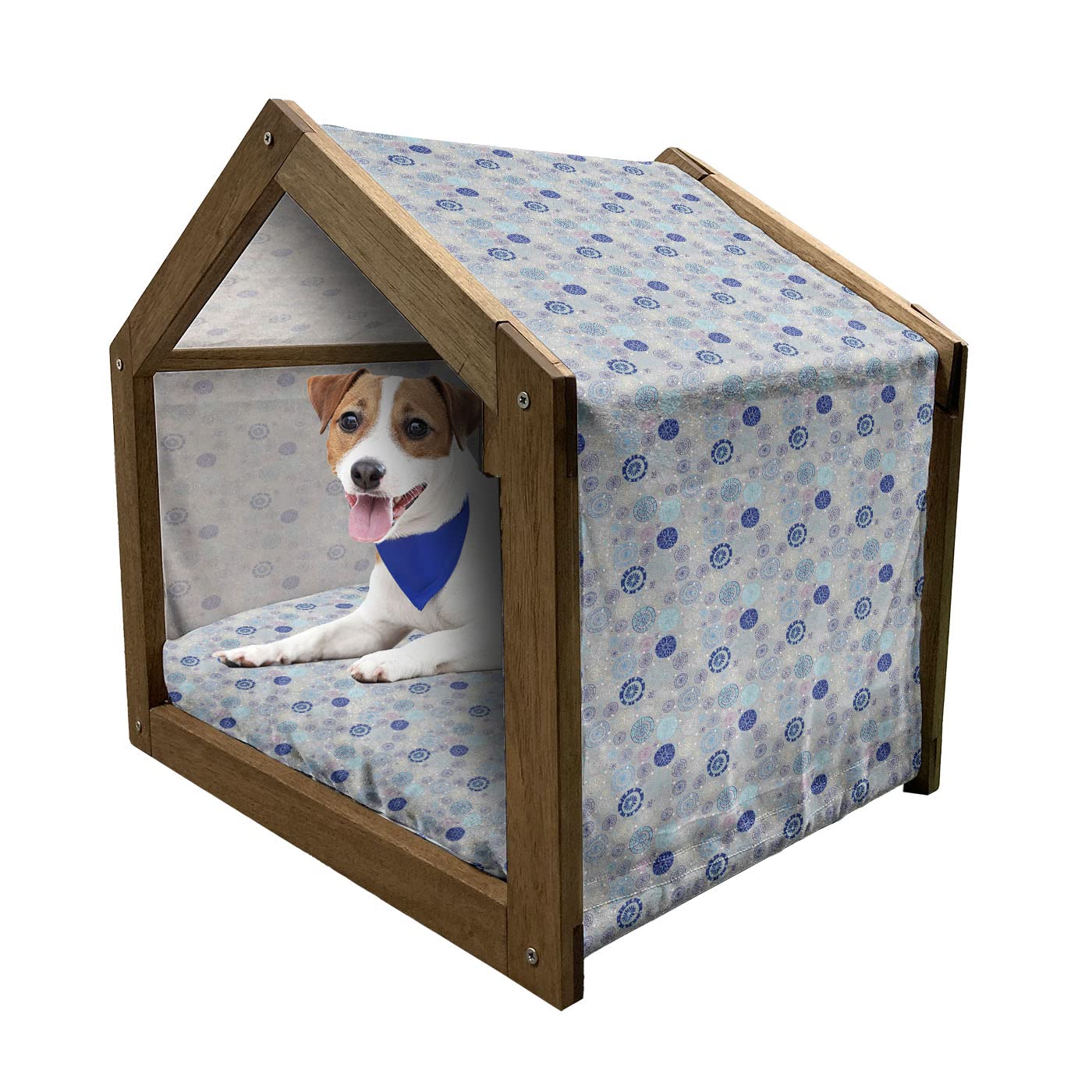 Ambesonne Wooden Pet House for Small Dogs - Abstract Snowflakes Pastel Winter Theme Indoor/Outdoor Portable Dog Kennel with Pillow & Cover - Beige Aqua Blue - Perfect for Christmas Decor & Cozy Pet Bedding