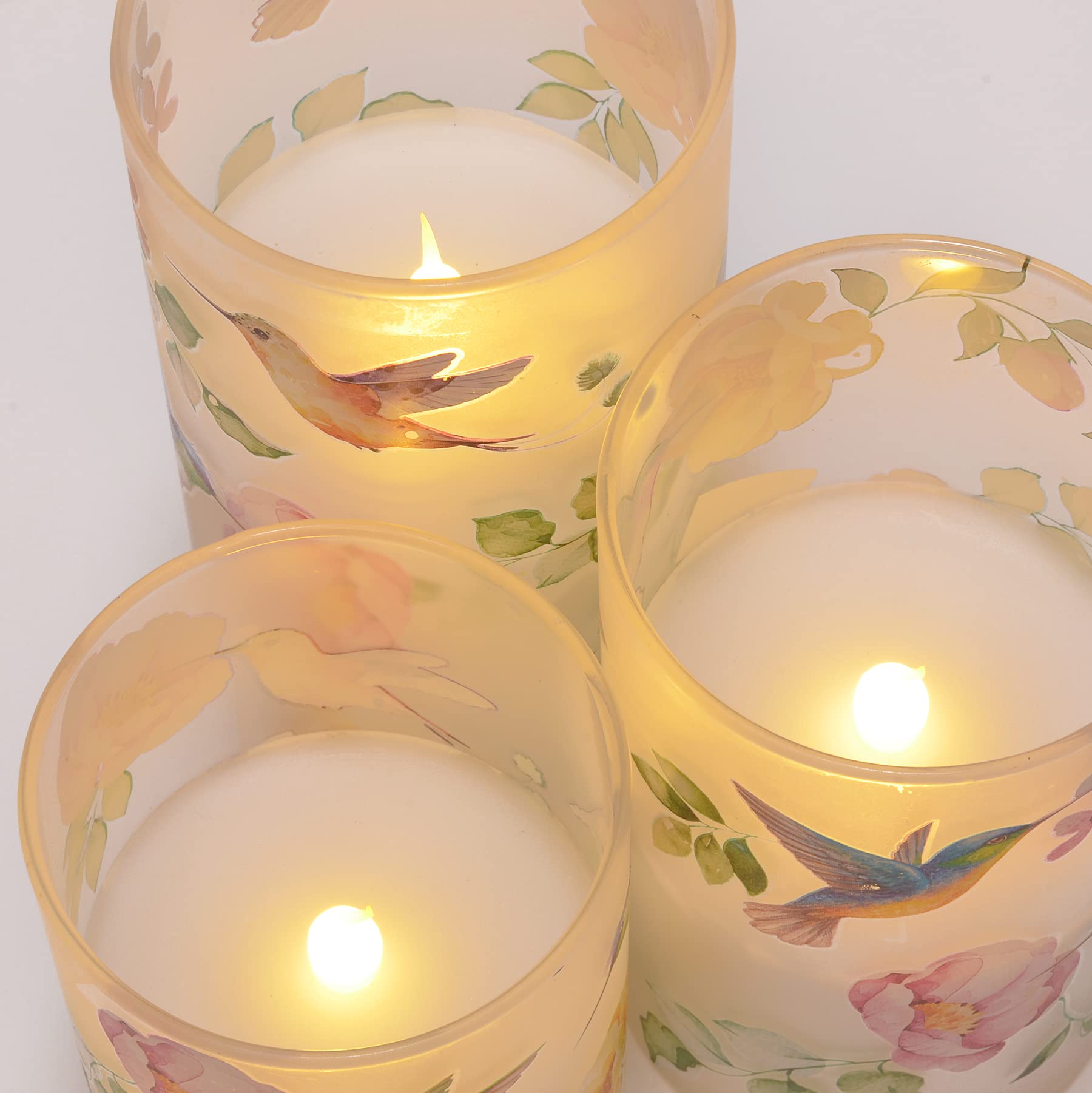 Flameless LED Glass Pillar Candles Set of 3 - 6 Inch Hummingbird & Floral Design by Mark Feldstein - Battery Operated Decorative Candles for Home Decor, Wedding Centerpieces & Romantic Ambiance