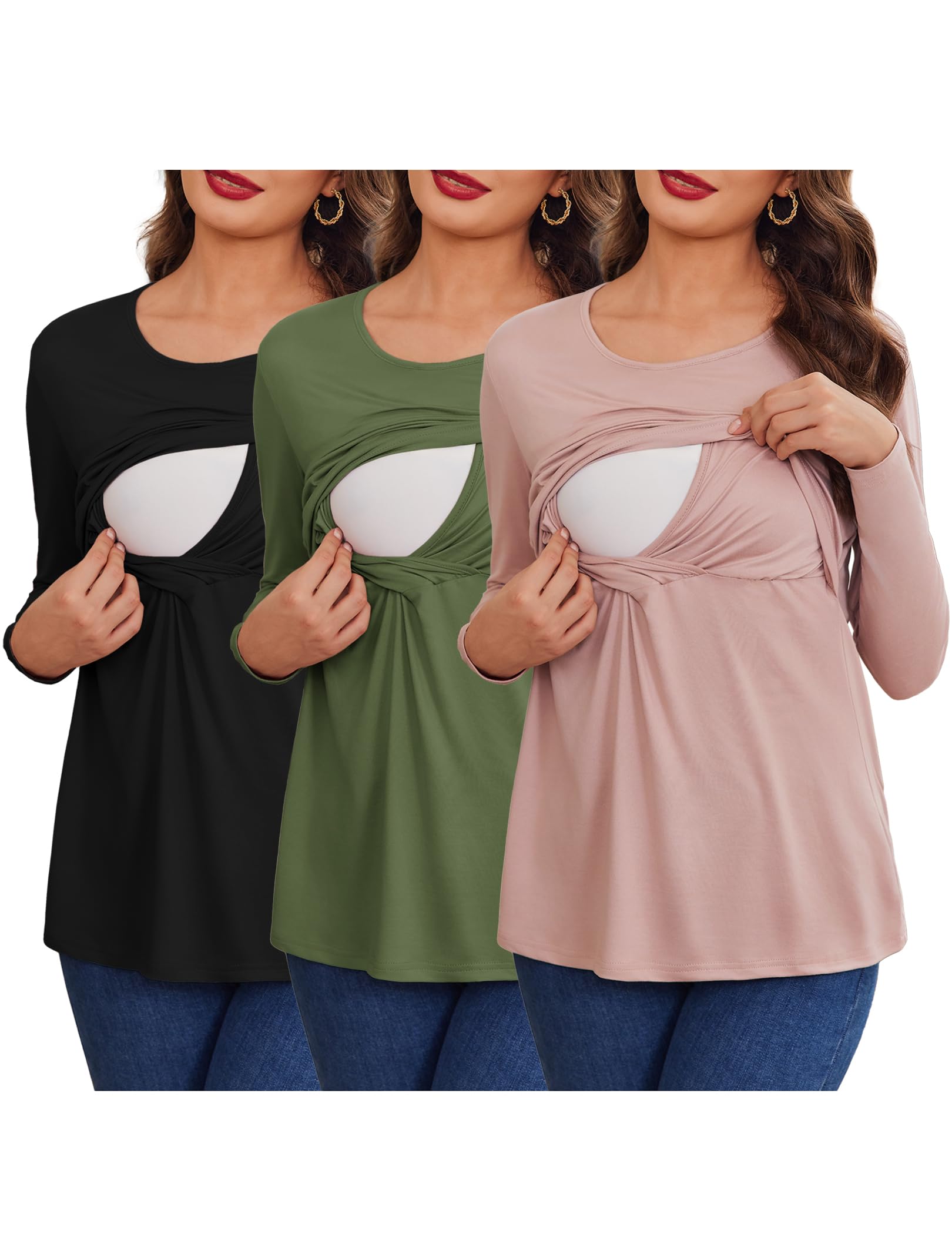 Ekouaer 3 Pack Women's Nursing Shirts - Long Sleeve Maternity Tops with Double Layer for Breastfeeding, Round Neck Pregnancy Blouse - Perfect for Nursing, Pumping & Comfortable Everyday Wear