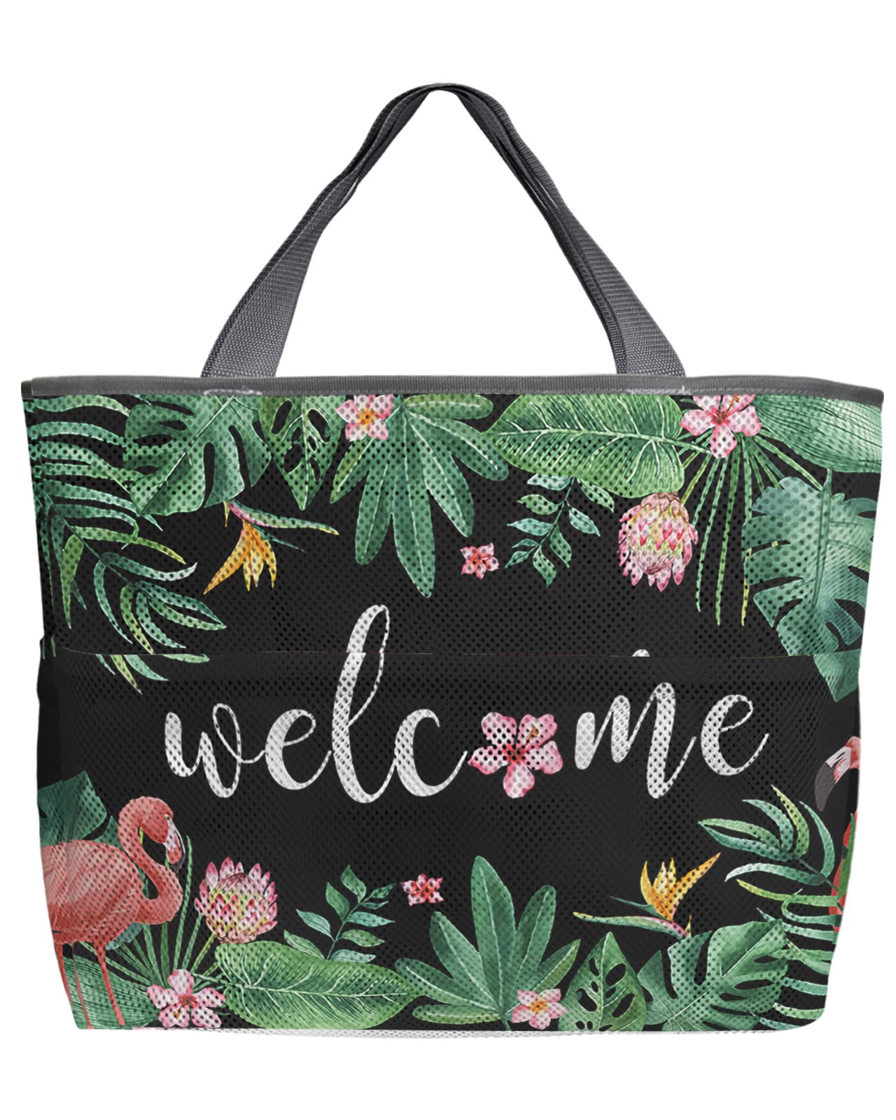 Large 60L Mesh Beach Tote Bag with Pockets - Tropical Flamingo & Palm Leaf Print Foldable Lightweight Swim Bag (24x18x8 Inches) for Pool, Grocery Shopping & Summer Travel Accessories