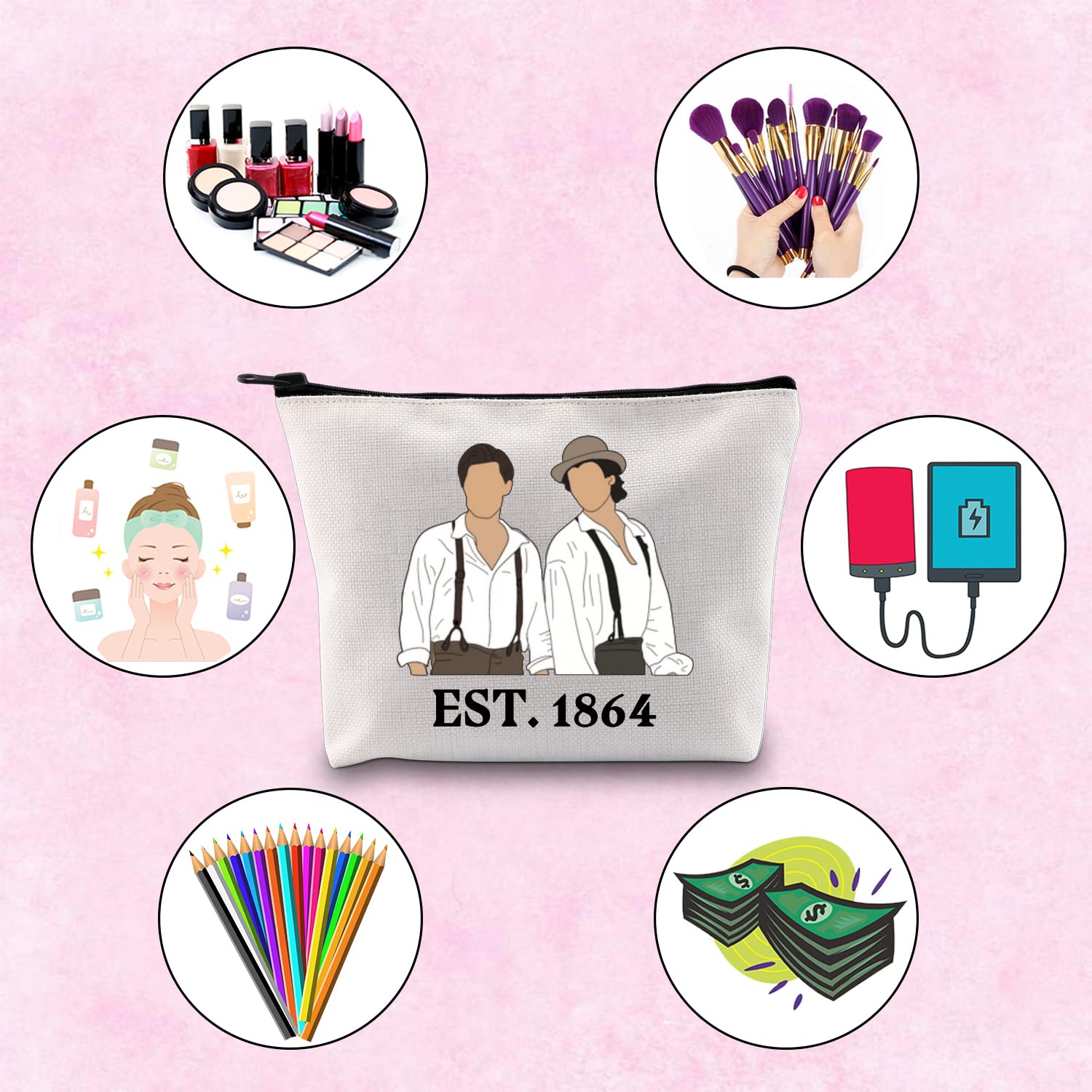 TSOTMO Salvatore Brothers 1864 Vampire Fans Gift - Stefan & Damon Themed Zipper Pouch Makeup Bag for Cosmetics & Travel Essentials | Perfect for Vampire Diaries Fans, Cosplay & Gothic Fashion Accessories