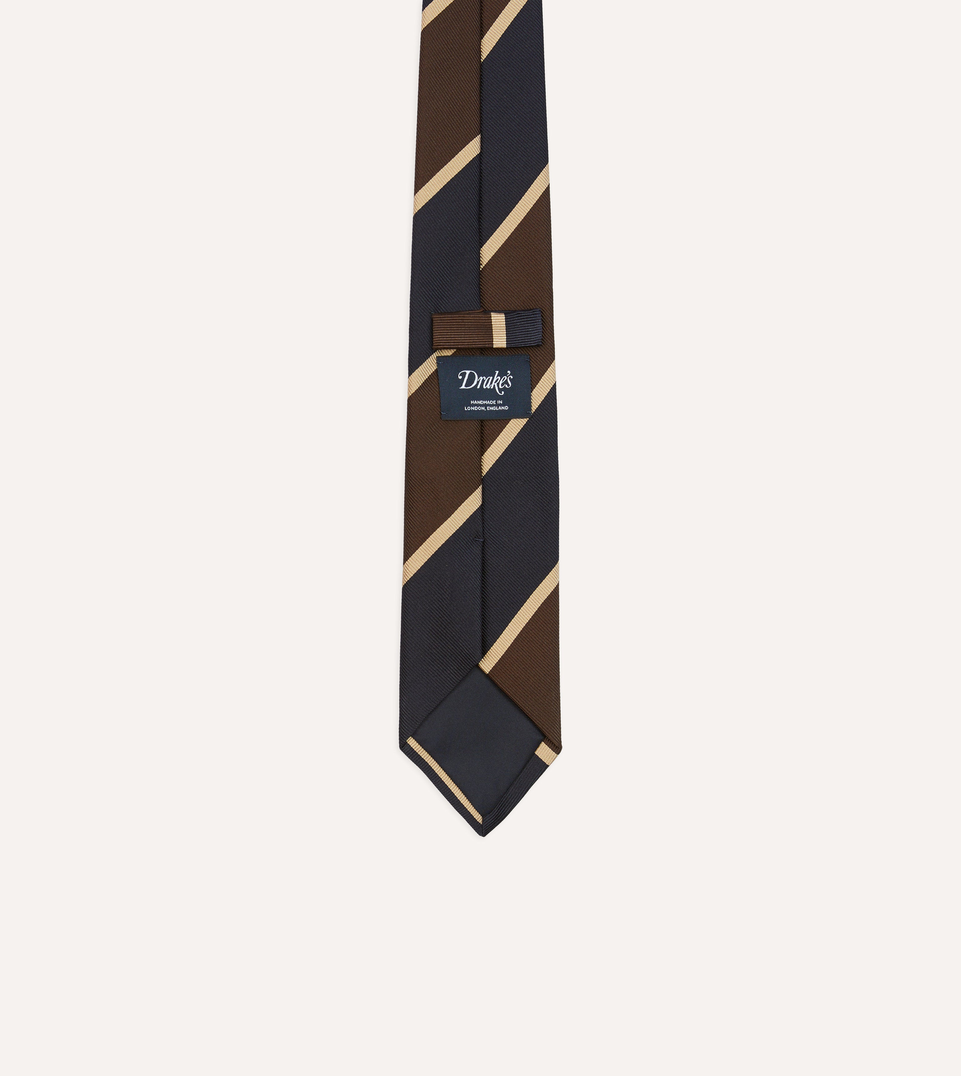 Navy and Brown Broad Stripe Mogador Silk Tipped Tie for Men - Luxury Formal Necktie for Business, Weddings & Special Occasions