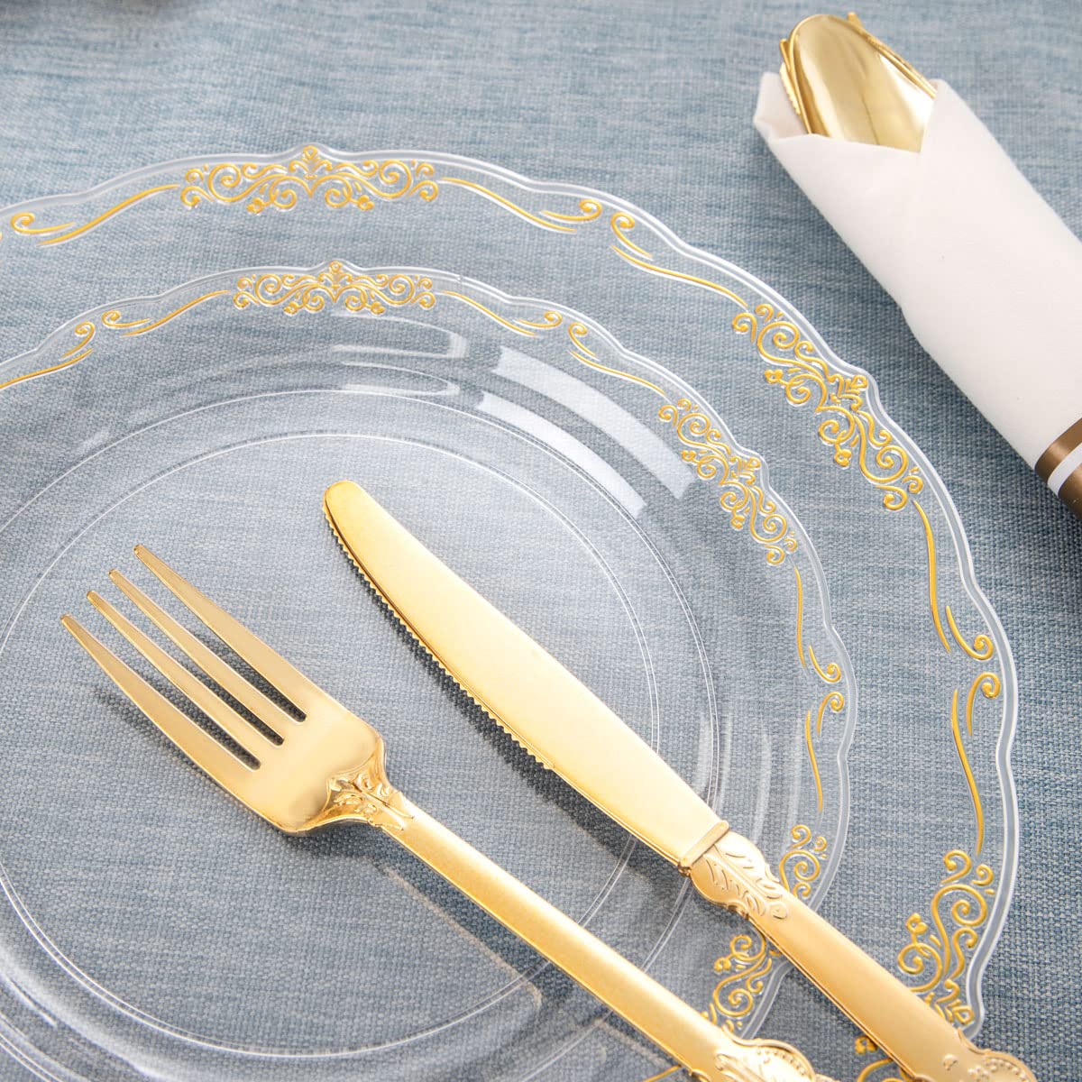 U-QE 175-Piece Gold Plastic Party Dinnerware Set - 25 Dinner Plates, 25 Dessert Plates, 25 Gold Cutlery, 25 9oz Cups & 25 Rolled Napkins - Elegant Disposable Tableware for Wedding, Birthday, Anniversary & Holiday Celebrations