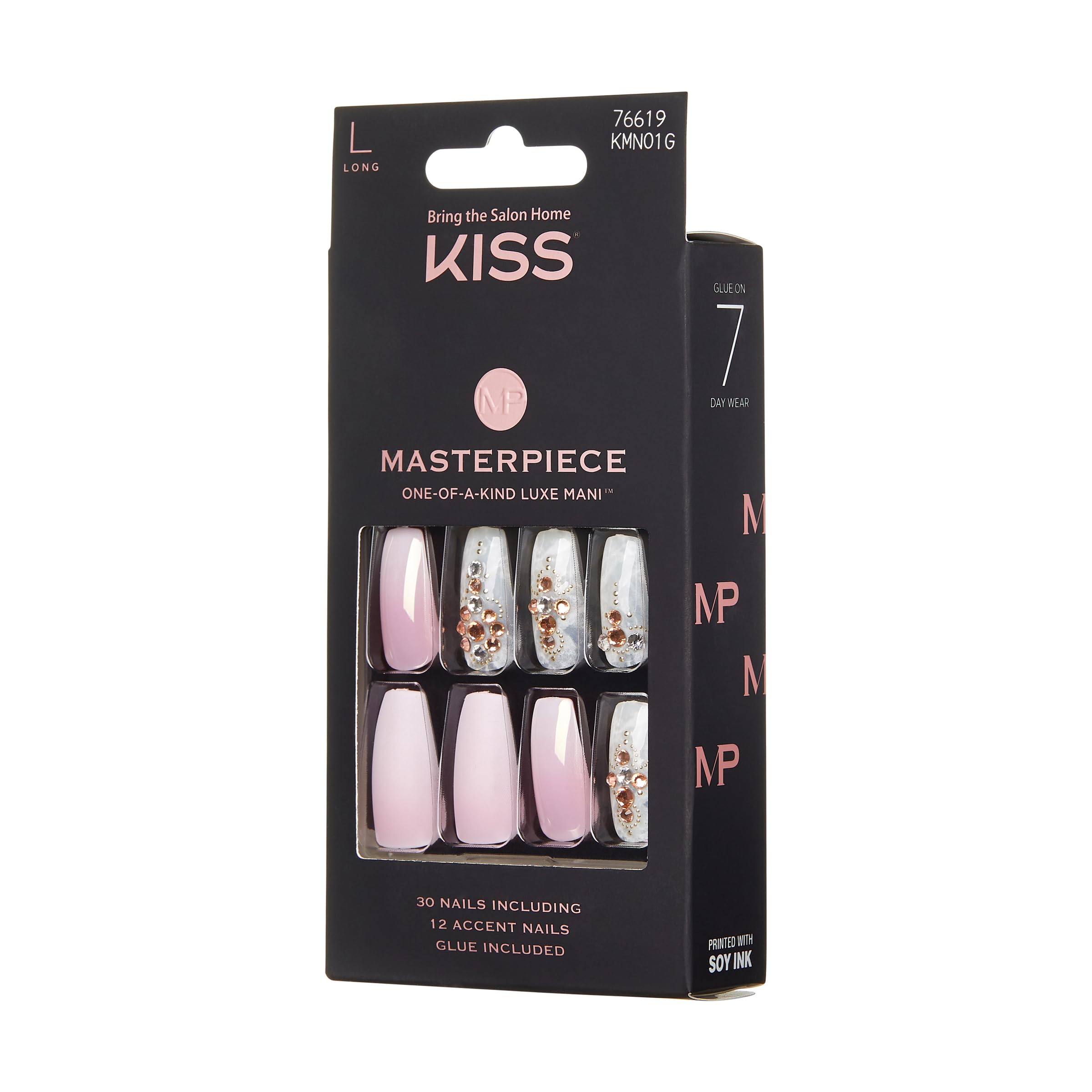 KISS Masterpiece Luxe Manicure Kit - Long Coffin Fake Nails with 30 Pieces & 12 Accent Nails | Includes Nail Glue & File | Perfect for Parties, Weddings & Special Occasions