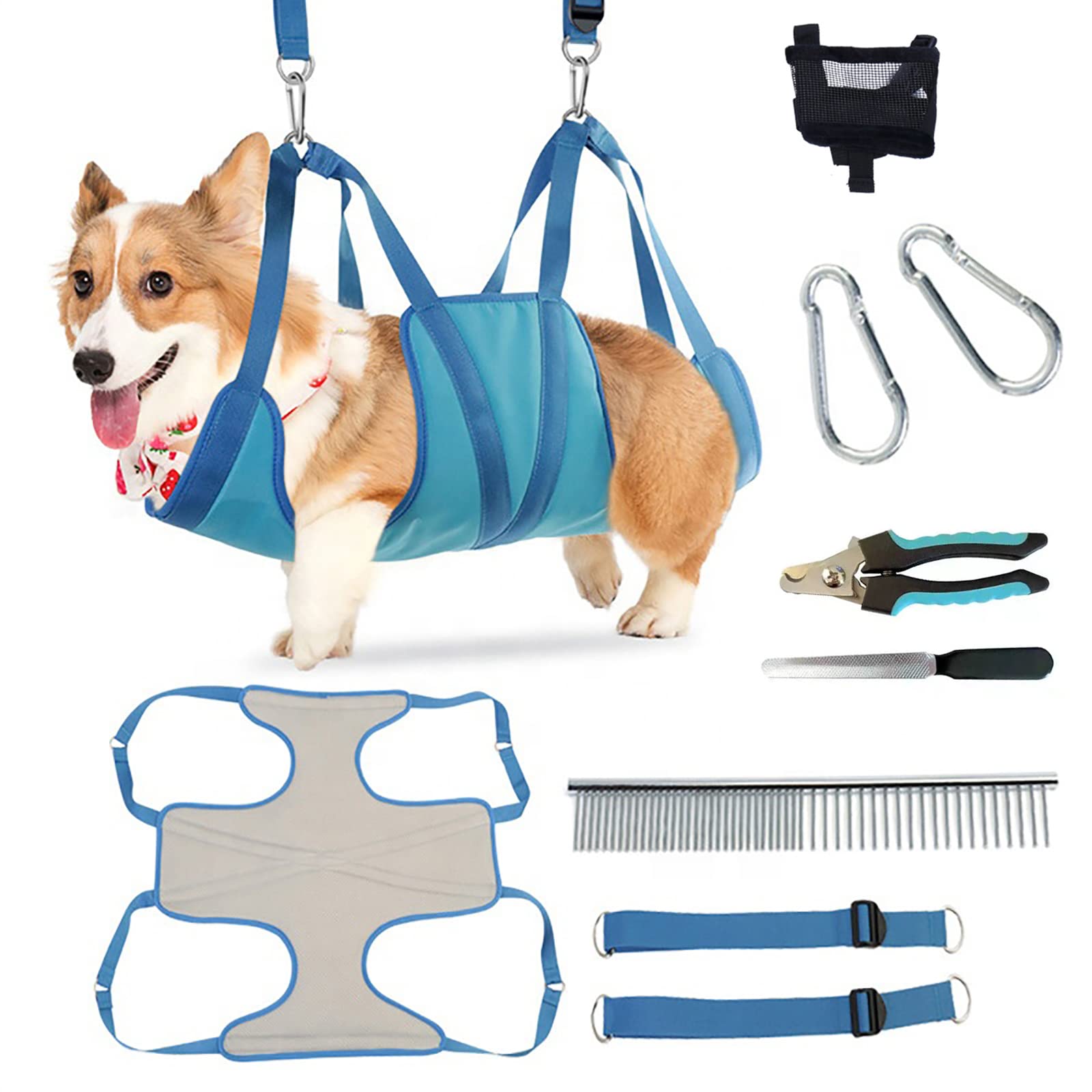 PLUS PO Dog Grooming Hammock - Adjustable Pet Grooming Harness for Dogs & Cats - Bathing, Nail Trimming & Grooming Accessories Kit with Nail Clippers, Muzzle, Carabiners & Comb - Blue - Perfect for Home Grooming, Vet Visits & Pet Salon Use
