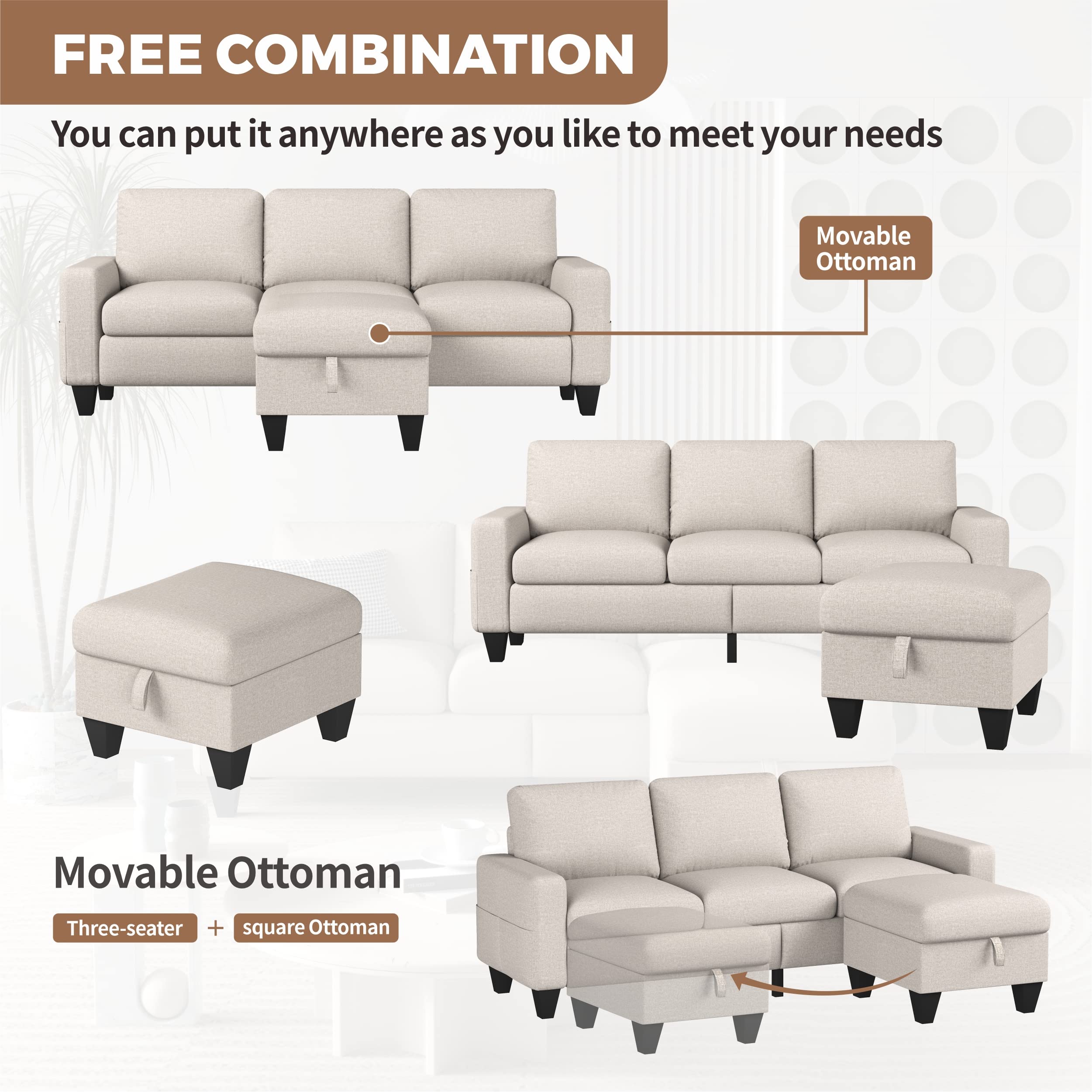 Modular L-Shaped Sectional Sofa with Movable Ottoman - Beige Small Space Living Room Couch for Apartments & Lofts | Perfect for Compact Spaces, Movie Nights & Cozy Gatherings