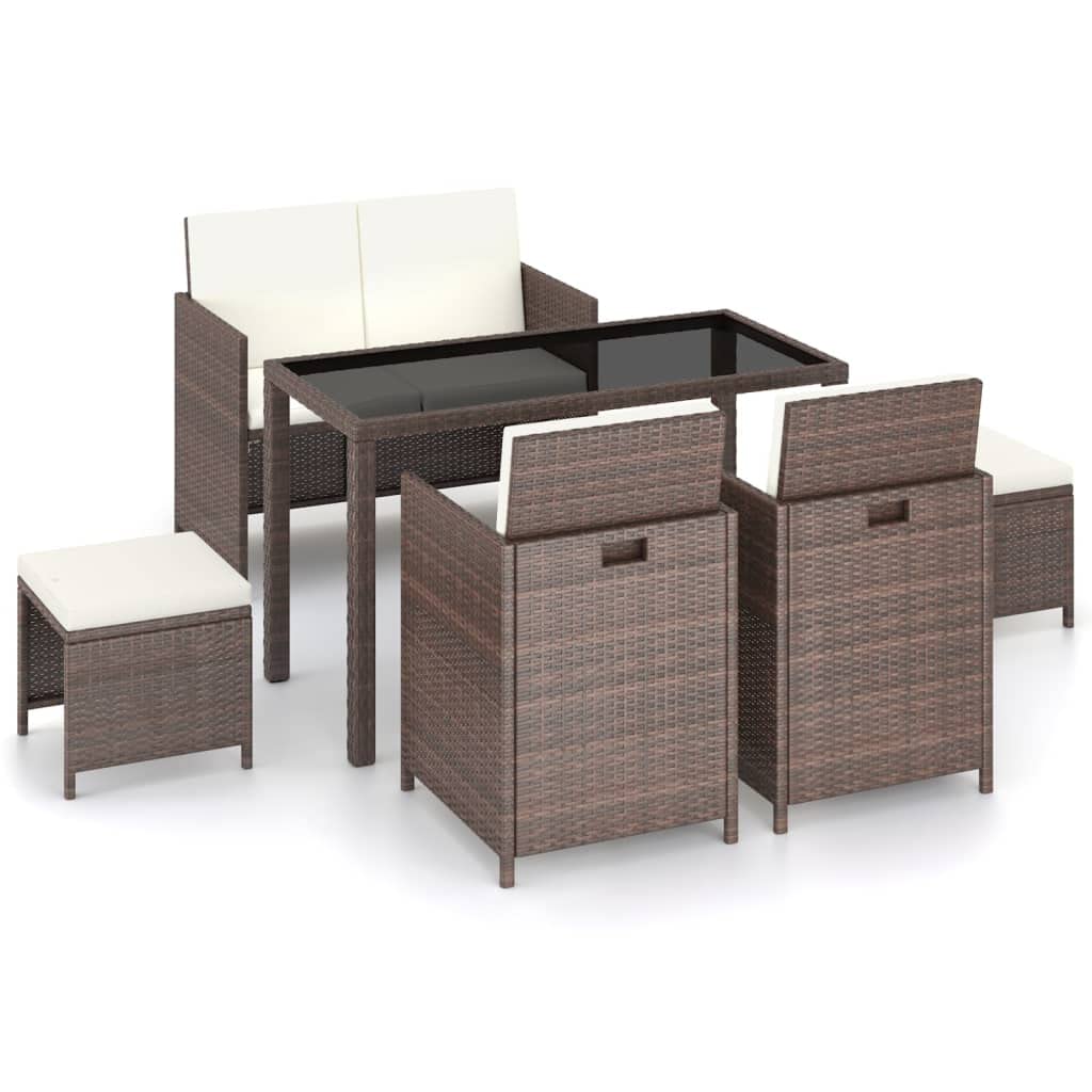 6-Piece Brown Poly Rattan Outdoor Dining Set with Cushions - Perfect for Patio, Garden, and Backyard Entertaining
