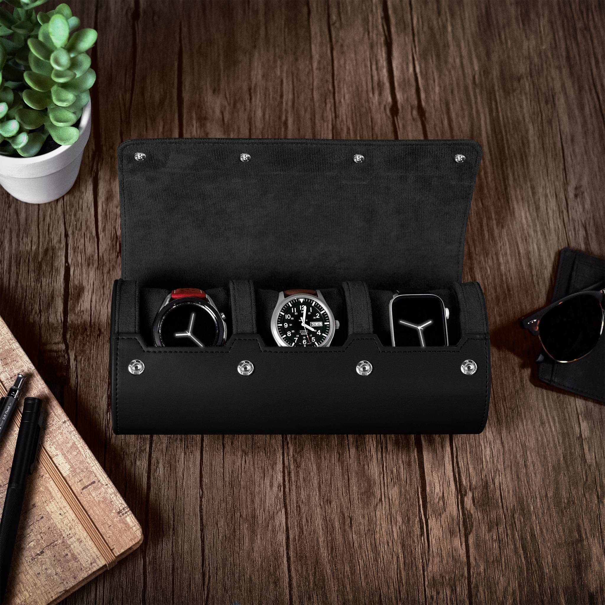 BARTON WATCH BANDS Men's Black Leather Watch Roll Case - Premium 3-Watch Travel Organizer for Storage & Protection | Perfect for Business Trips, Vacations & Home Display | Durable Watch Accessory Collection Case