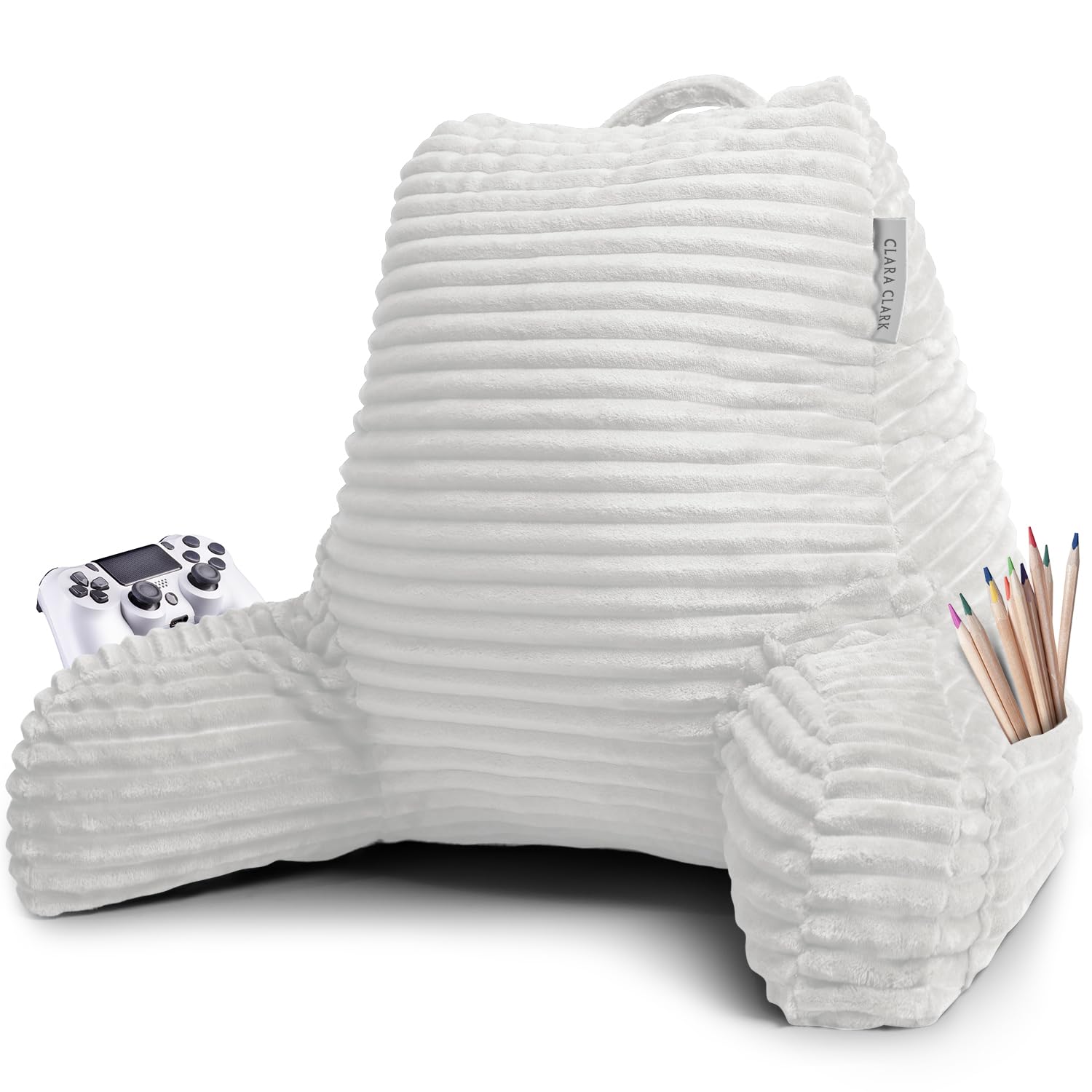 Clara Clark Reading Pillow for Adults - Plush Back Support Pillow with Arms & Pockets for Sitting Up in Bed, Sofa or Floor - Shredded Foam Bed Rest Pillow - Perfect for Reading, Watching TV, Gaming & Relaxing (White)