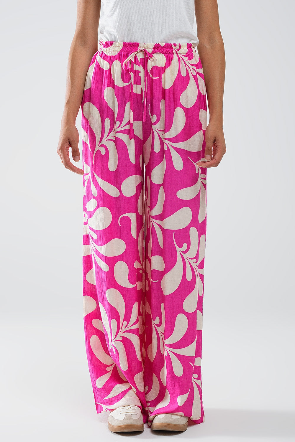 Women's Floral Print Fuchsia Elastic Waist Straight Leg Pants - Casual & Office Wear for Everyday Comfort