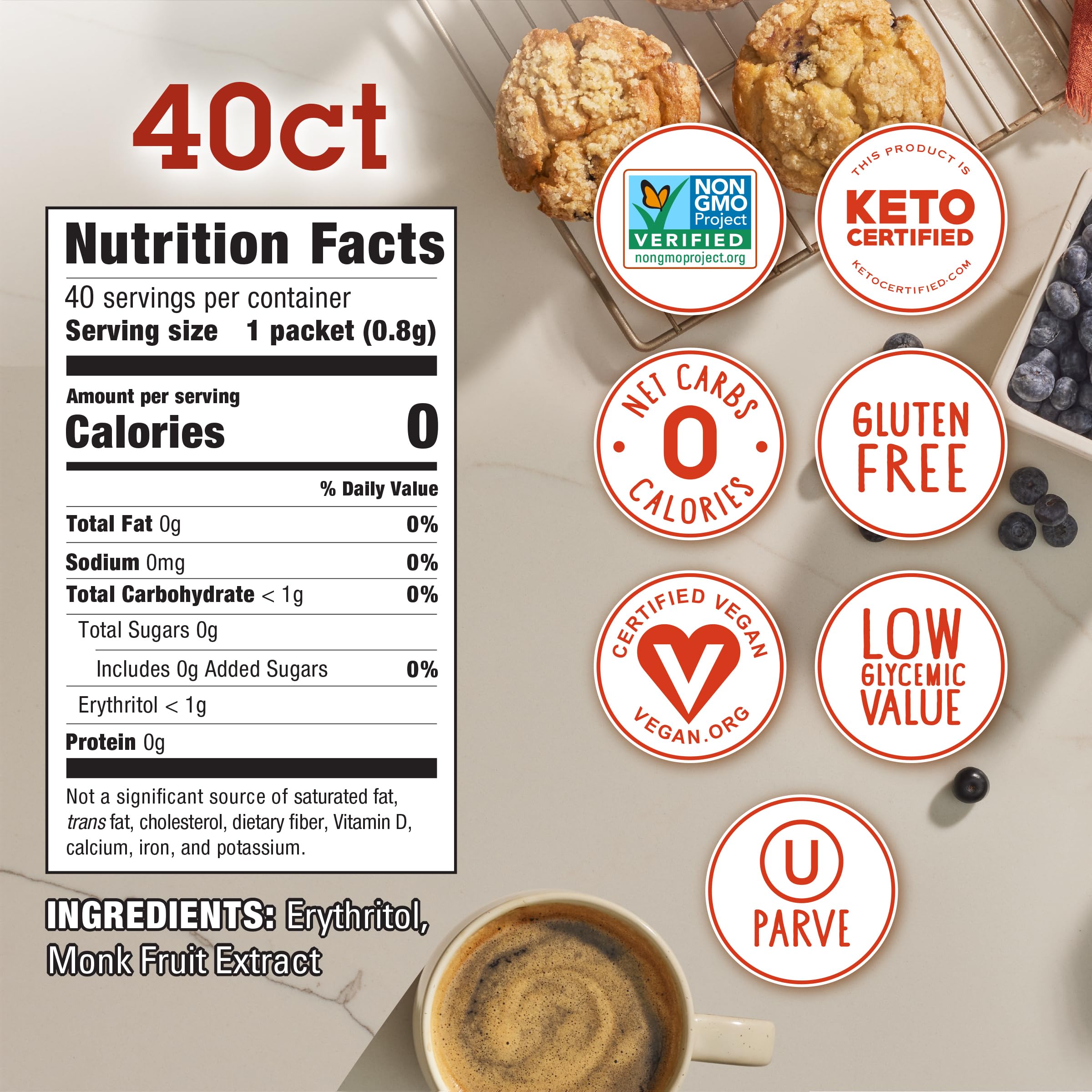 Natural Monk Fruit Sweetener with Erythritol - Sugar-Free, Keto, Gluten Free, Zero Calorie, Low Carb, Vegan Sugar Substitute (40 Count Packets) | Perfect for Coffee, Baking & Healthy Lifestyle
