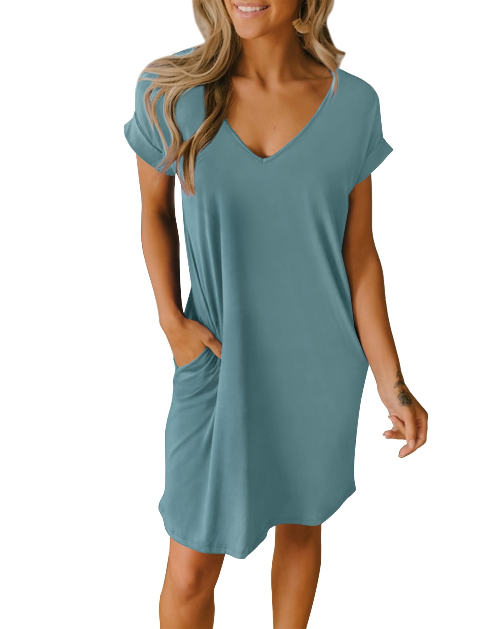 BTFBM Women's V-Neck Short Sleeve Summer Dress - 2025 Spring Casual Loose Tunic T-Shirt Dress with Pockets | Lounge, Sleepwear, Beach Cover-Up, Everyday Wear